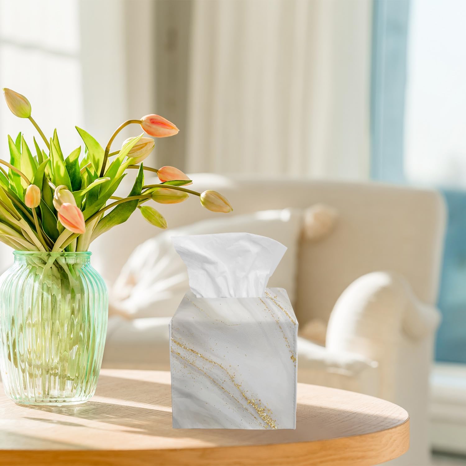 Grey Golden Marble Tissue Box Cover Square, Modern Cube Tissue Box Holder, Tabletop Decor Leather Facial Paper Organizer Dispenser for Bathroom Home Car Night Stand Living Room/06 image 4