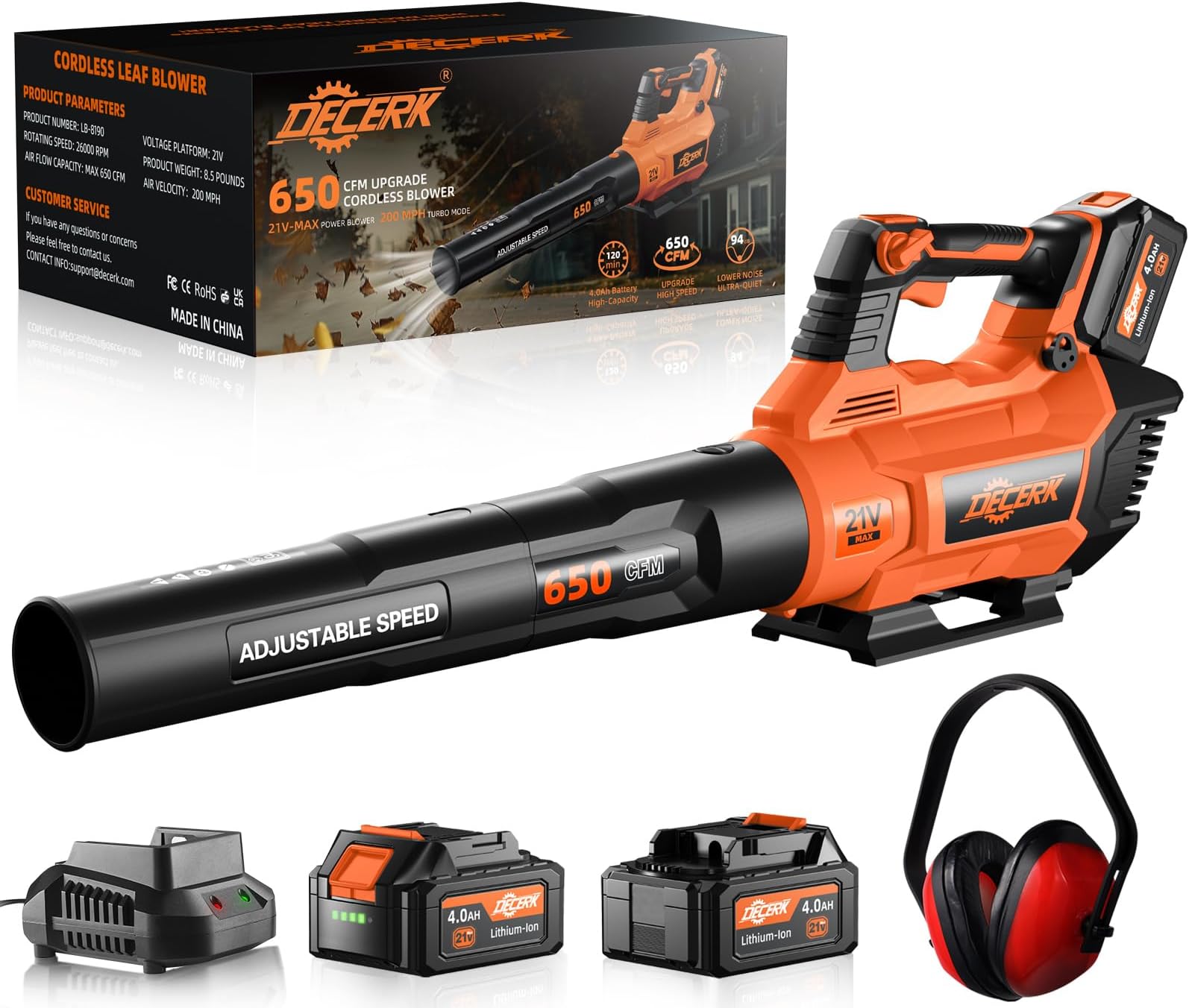 Decerk 21V Leaf Blower Cordless, Electric Snow Blowers with 2X 4.0Ah Battery, Lightweight Blower with Turbo Button, Variable Speed Dial, and Cruise Control for Sidewalks, Garages, Yards & Patios