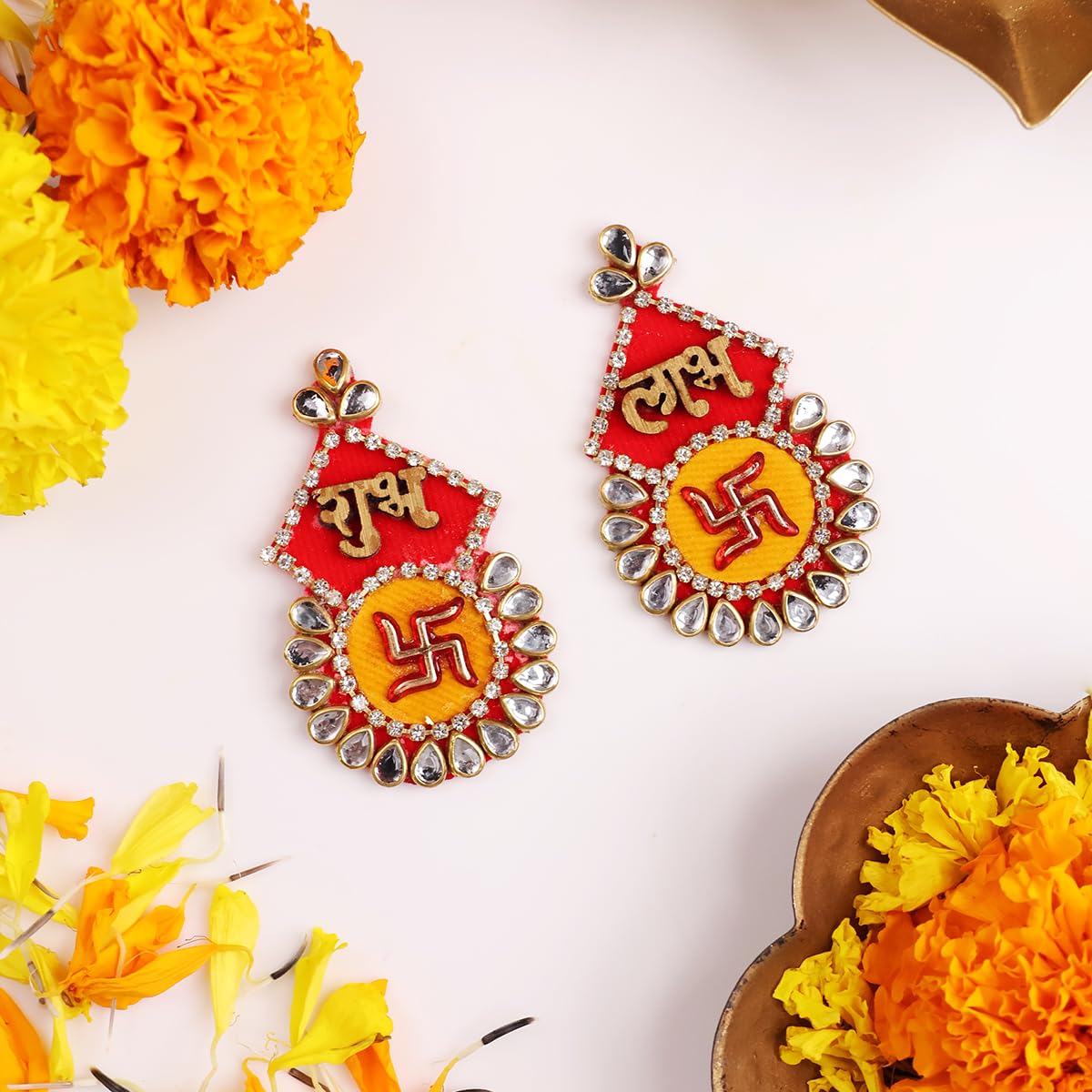 Shubhanjali Fabric Swastik Shubh Labh Sticker for Door 1 Pair | Swastik Sticker for Main Door Entrance Diwali Wall Décor Puja Room Festival Decoration-image-14