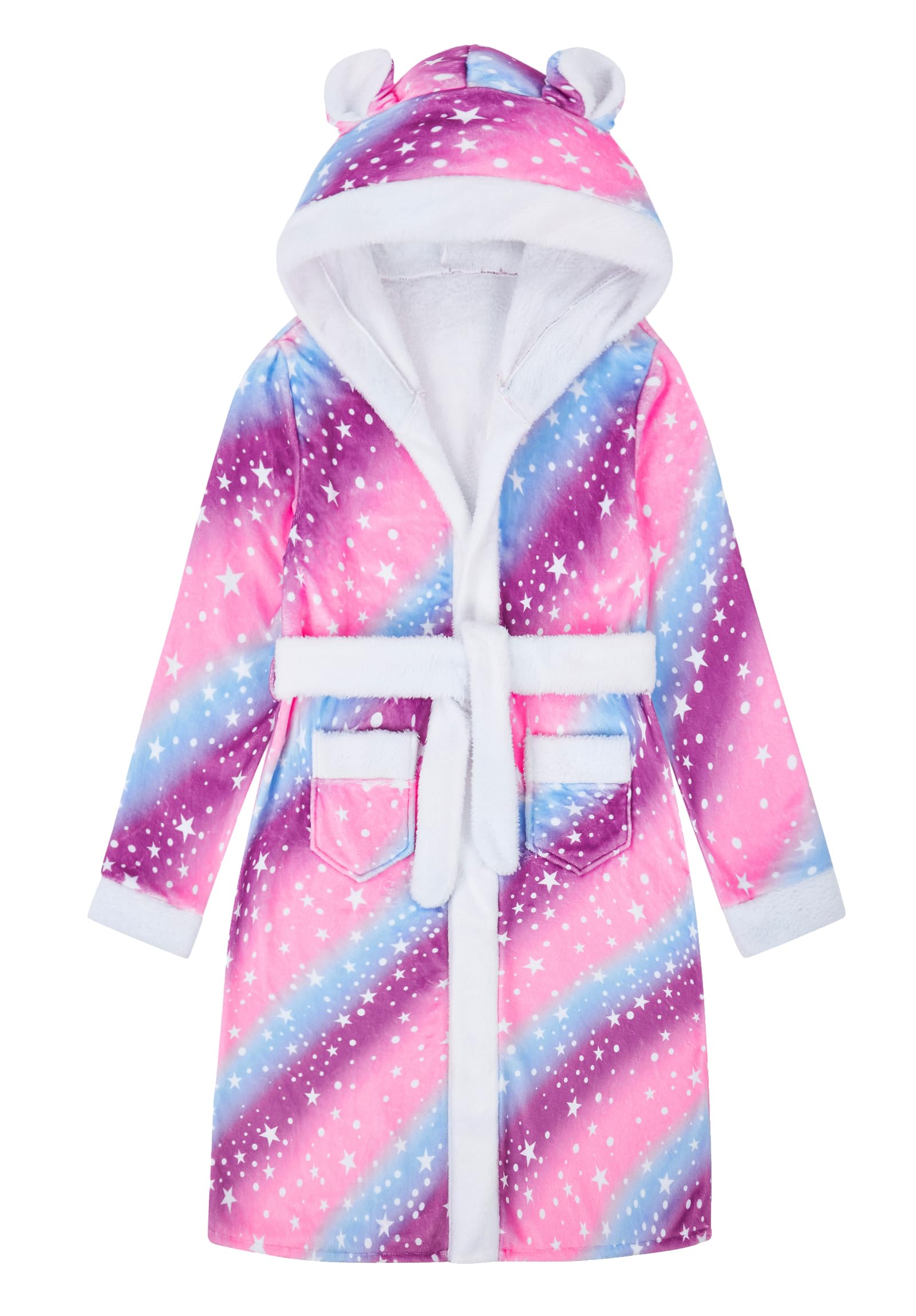 Funnycokid Girls Robes Size 10-12 Rainbow Kids Hooded Bathrobe Soft Fleece Pajamas Plush Flannel Sleepwear 10-12 Years