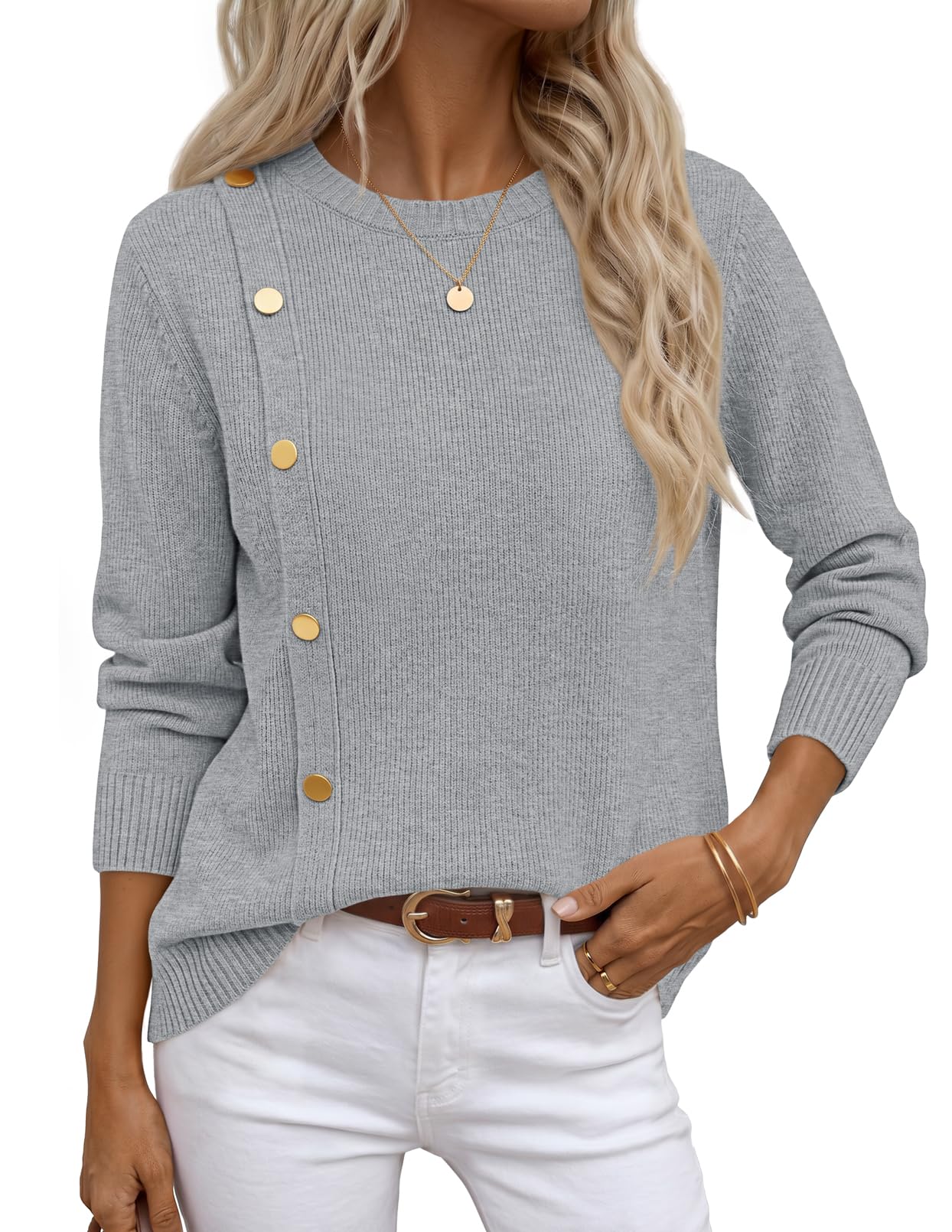 MEROKEETY Women's Fall Long Sleeve Button Casual Pullover Sweater, Grey, L