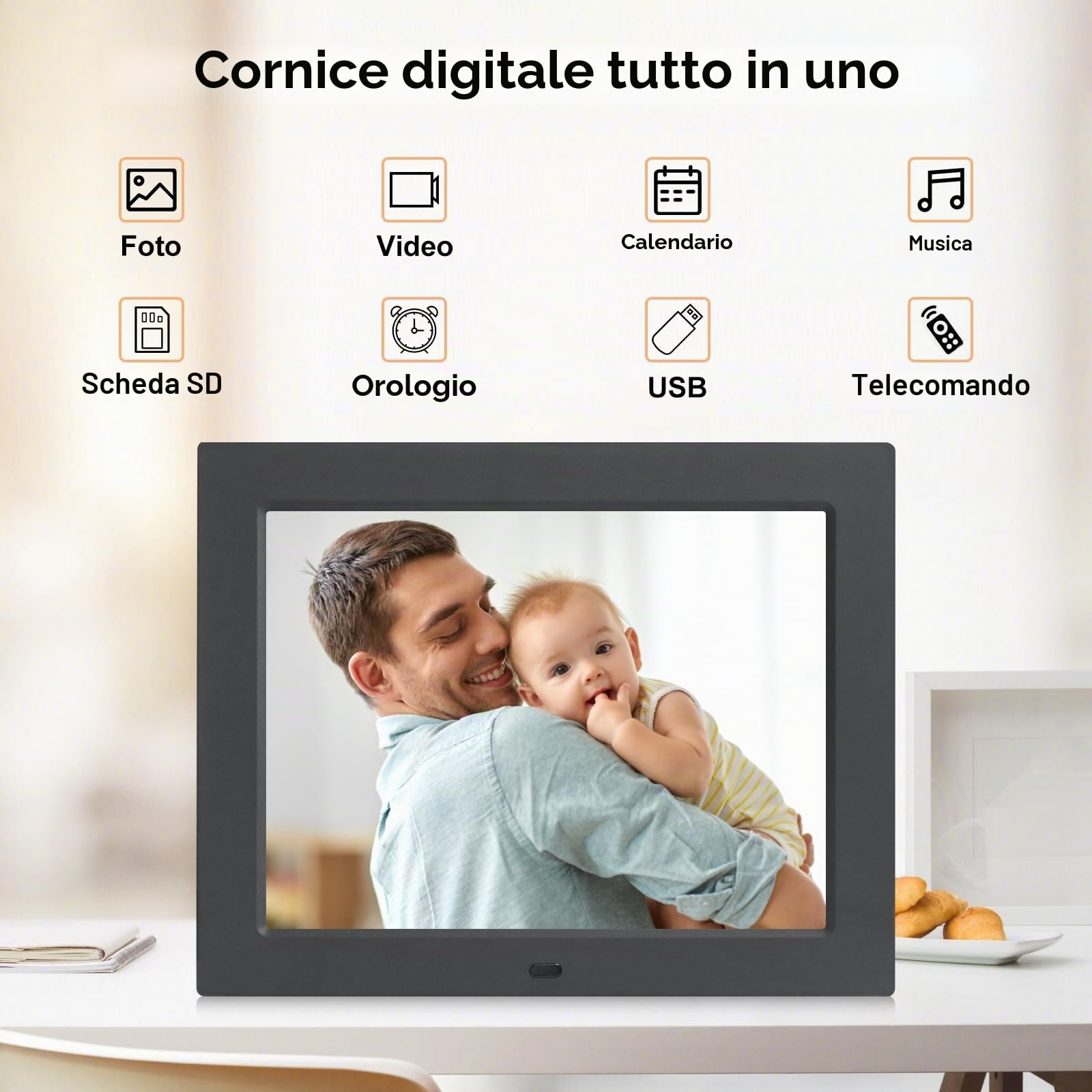 TSITSC Cornice digitale da 8,7 pollici, schermo IPS 1024 x 768, cornice elettronica, calendario/funzione orologio/musica/lettore foto/video con telecomando, supporta scheda USB/SD (nero)