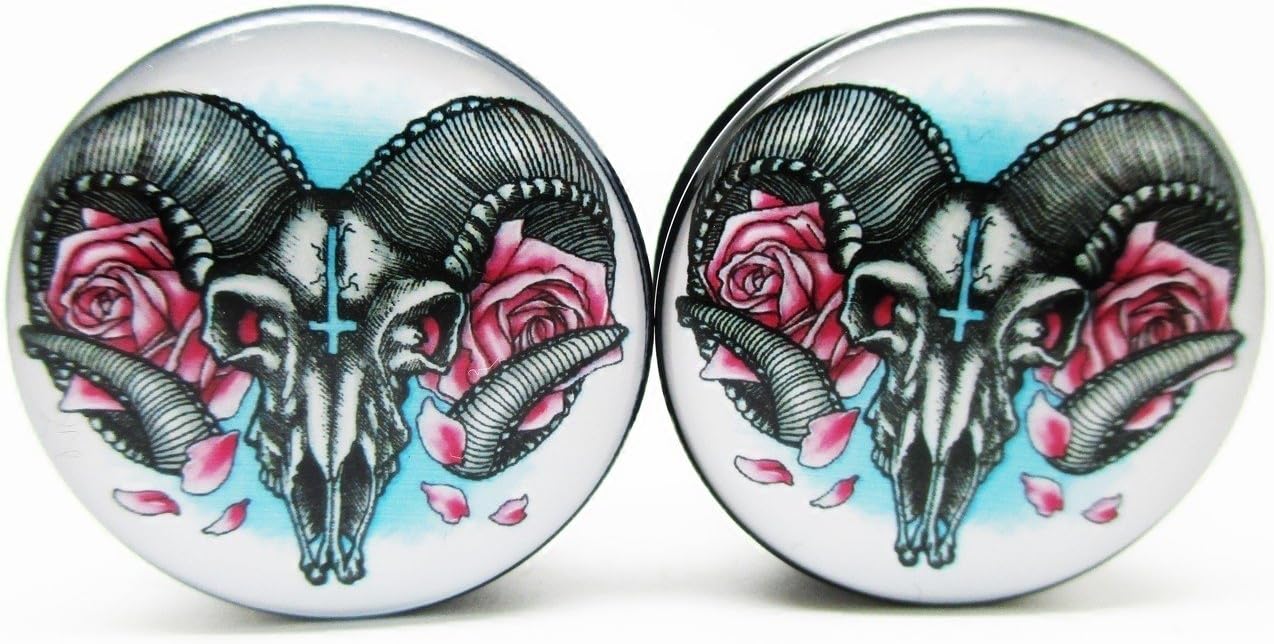 Ram & Flower Ear Plugs - Acrylic Screw-On - 12 Sizes Pair