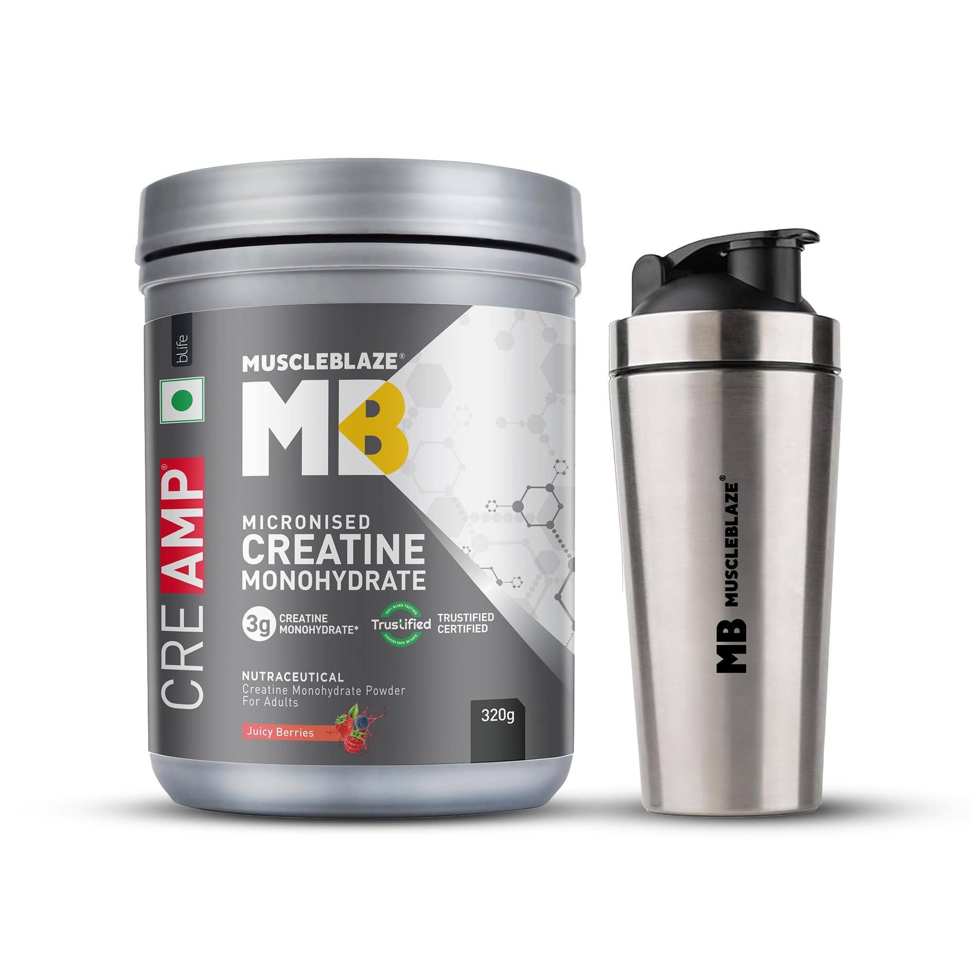 MuscleBlaze Micronised Creatine Monohydrate CreAMP Powder, Juicy Berries (320g) + Stainless Steel Gym Shaker (700ml)-image-5