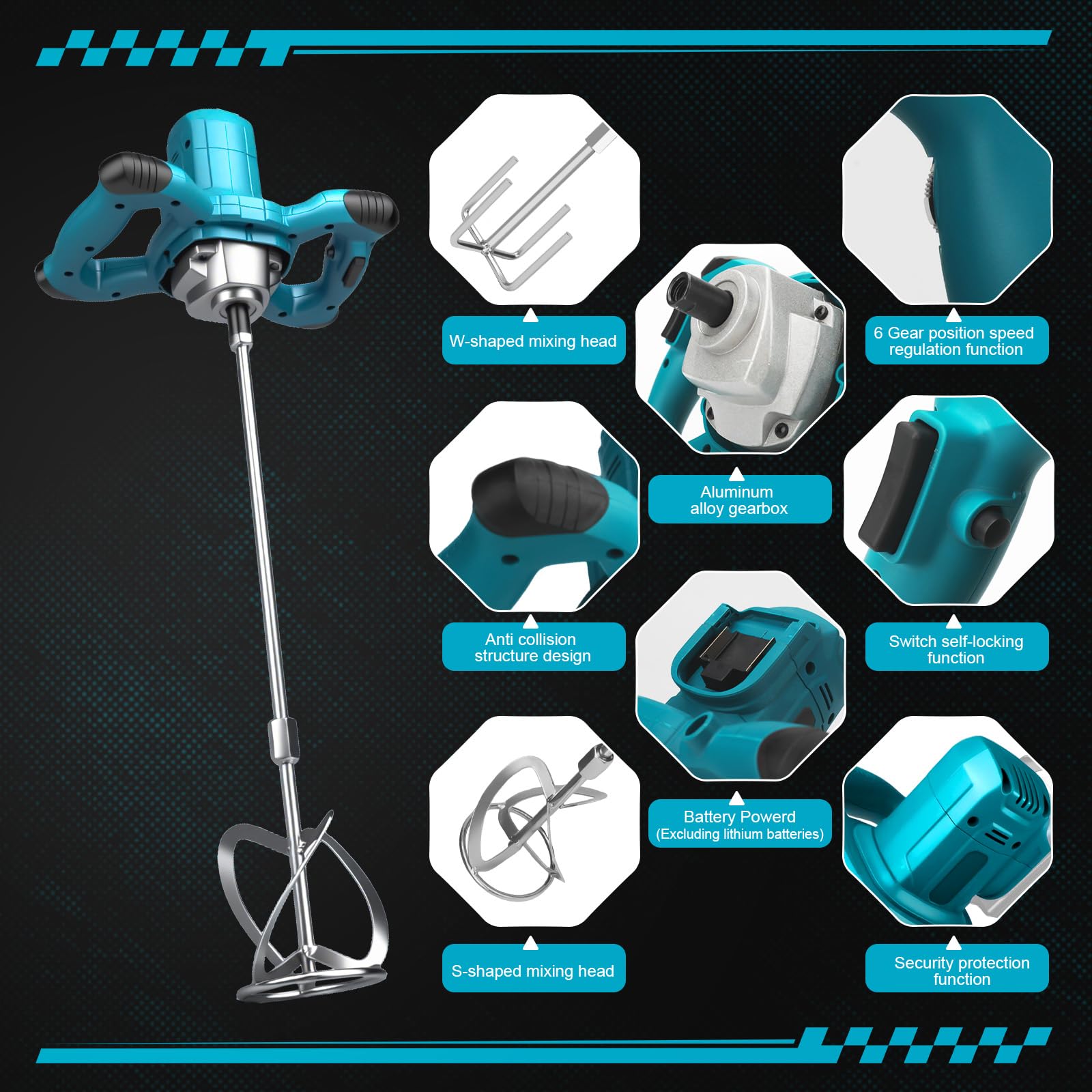 Miscelatore Elettrico per Makita 18V Batteria, 6 velocità, max 800 giri/min Betoniera Elettrica per Trapano da 2100W, per Miscelazione di Vernice, Liquame di Cemento, Calcestruzzo, Malta, Foraggio