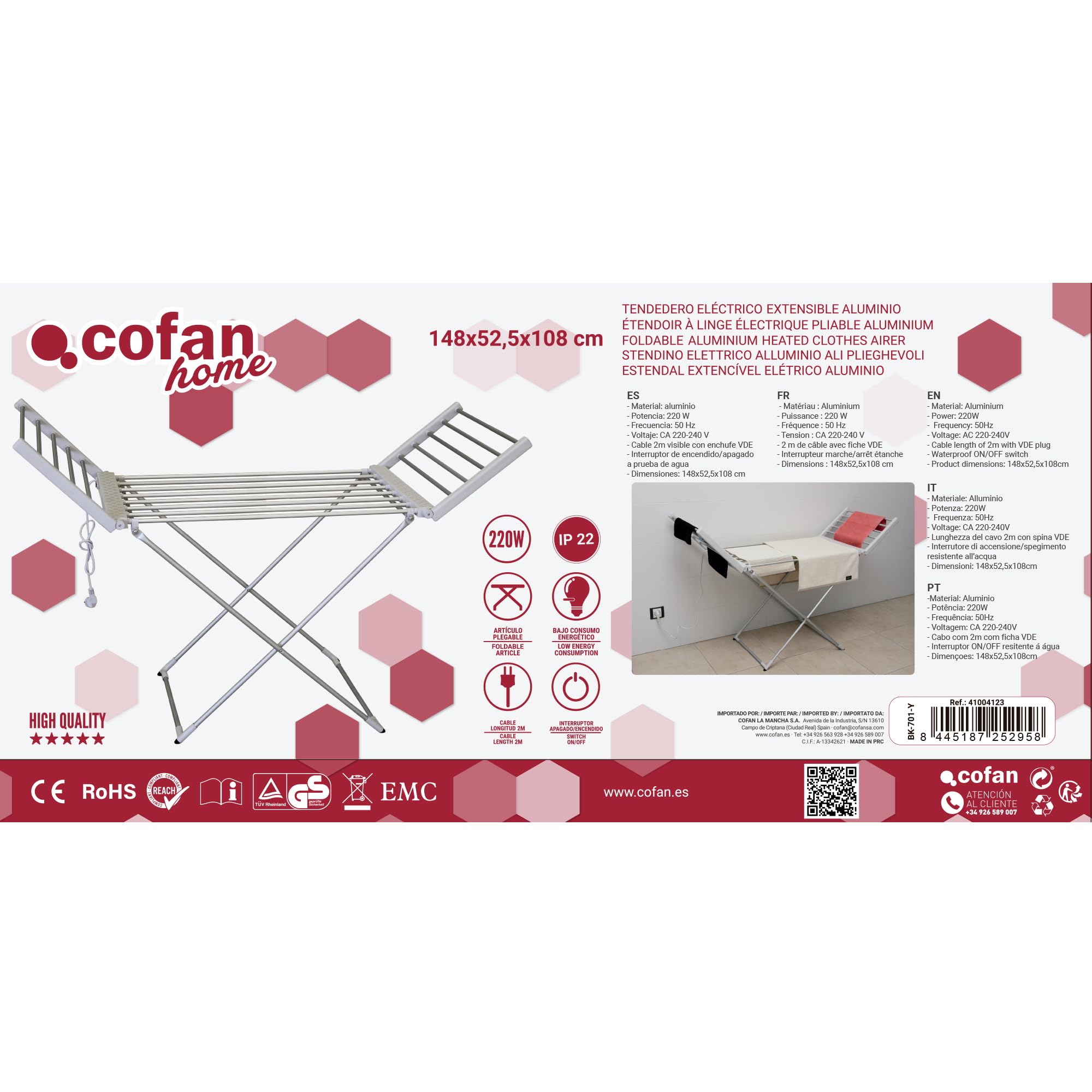Cofan Tendedero Extensible Eléctrico | 220W | Modelo Sahara | Fabricado en Aluminio | Medidas: 148 x 52 x 108 cm