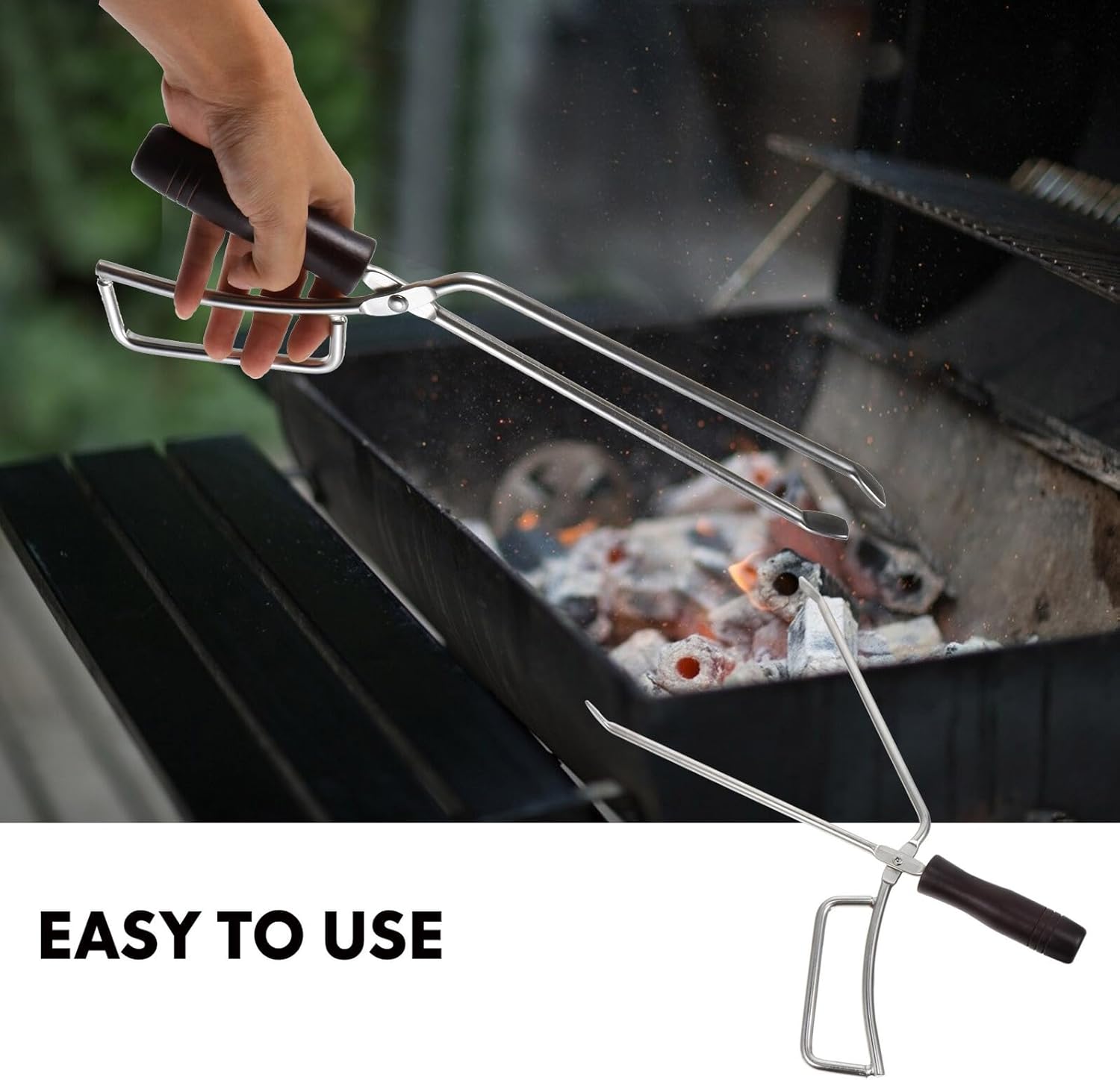UPKOCH Extended Solid Beech Handle Charcoal Tong for Barbecue and Firewood Sturdy Stainless Steel Kitchen and Outdoor Fire Pit Tool Ergonomic Design for Campfire Stove Picnic and Buffet