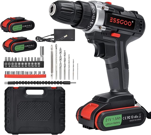 ESSGOO Cordless Drill Driver 21V, Heavy Duty Electric Drill Machine, 45 Nm Combi Drill, 2-Speed Electric Screwdriver, Cordless Drill and Screwdriver Set with 2 * 1500 mah Li-Ion Batteries