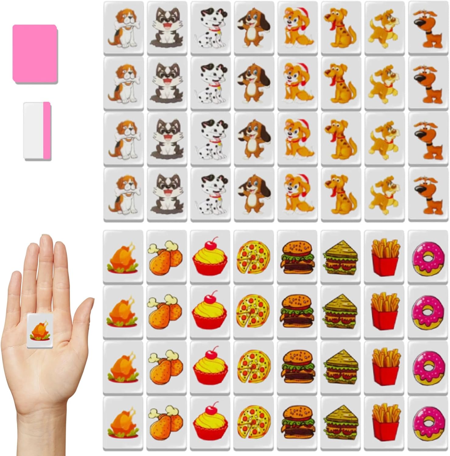 Push Tile Game 64 Pcs Set, Adorable Dog and Food Patterned Mahjong Tile Set Plastic, 1.2x0.9x0.6 Inch Push Game for Kids Adults