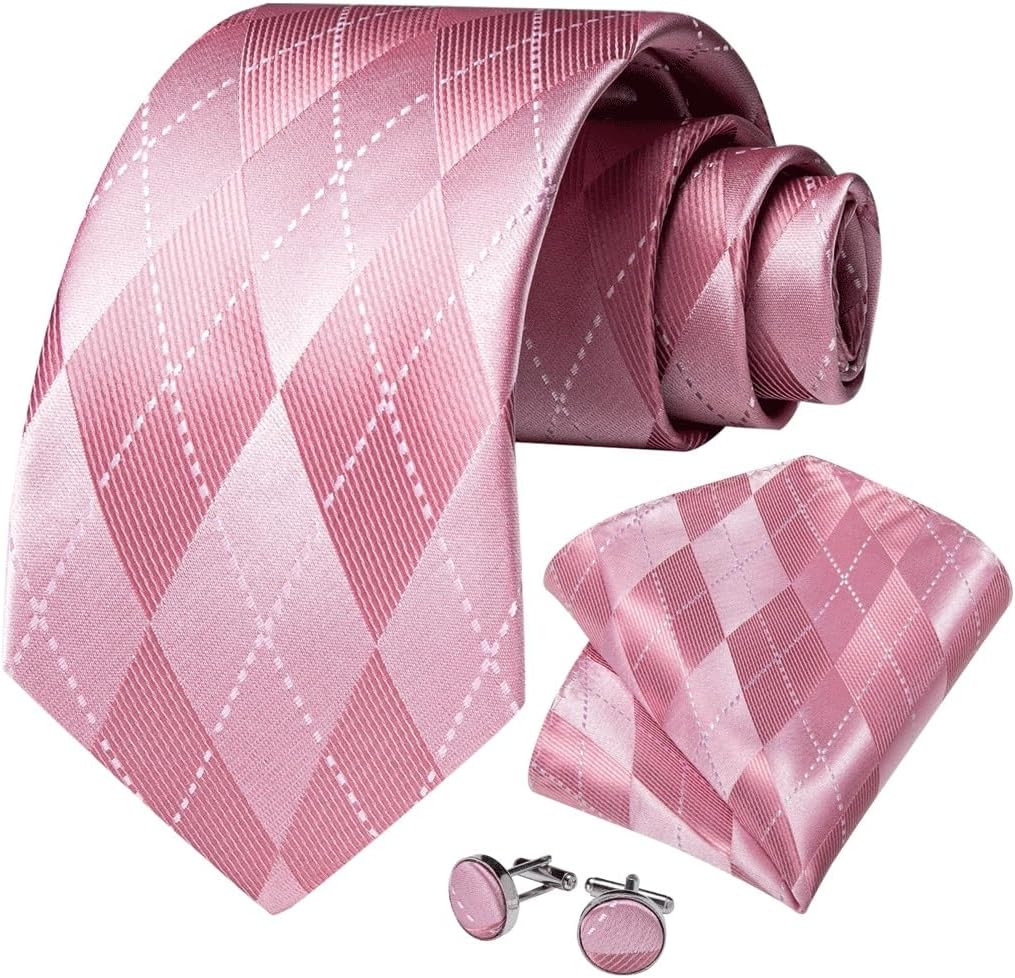 Men's Tie Sets Plaid Silk Ties for Men Business Neckties Wedding Neck Handkerchief Cufflinks Set Gift for Mens