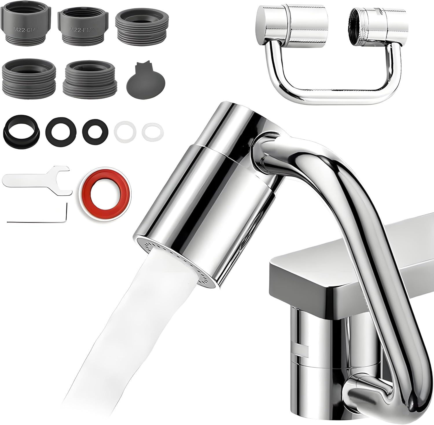 Swivel Faucet Extender, 2 Sprayer Modes, Universal 360° Swivel Multifunctional Aerator, Sink Water Faucet Extension Filter, Kitchen Bathroom, Robotic Arm in Brass