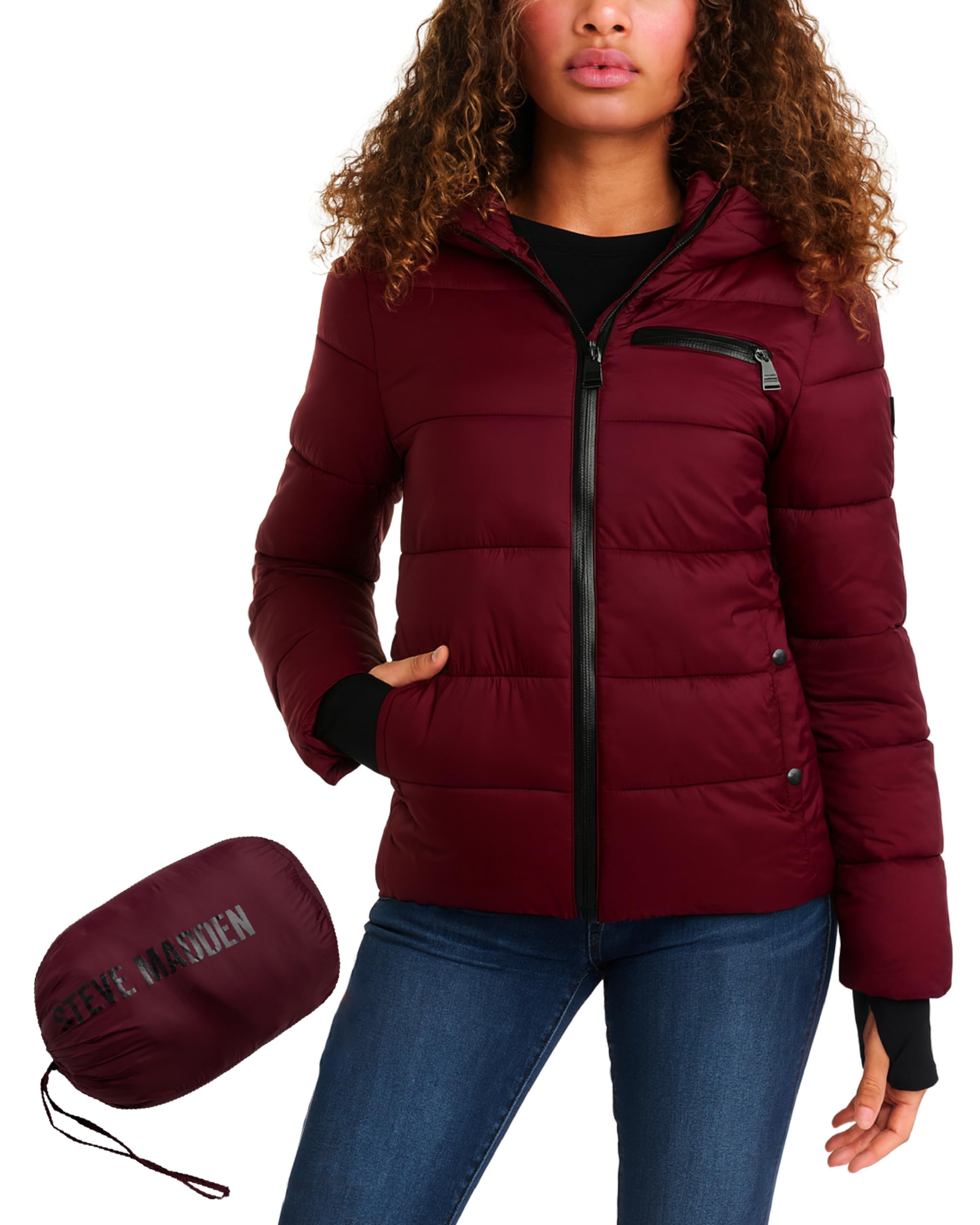 Steven Madden Women Winter Jacket - Packable Quilted Puffer Parka Coat - Hooded Outerwear Windbreaker Jacket for Women, S-XL, Burgundy, S