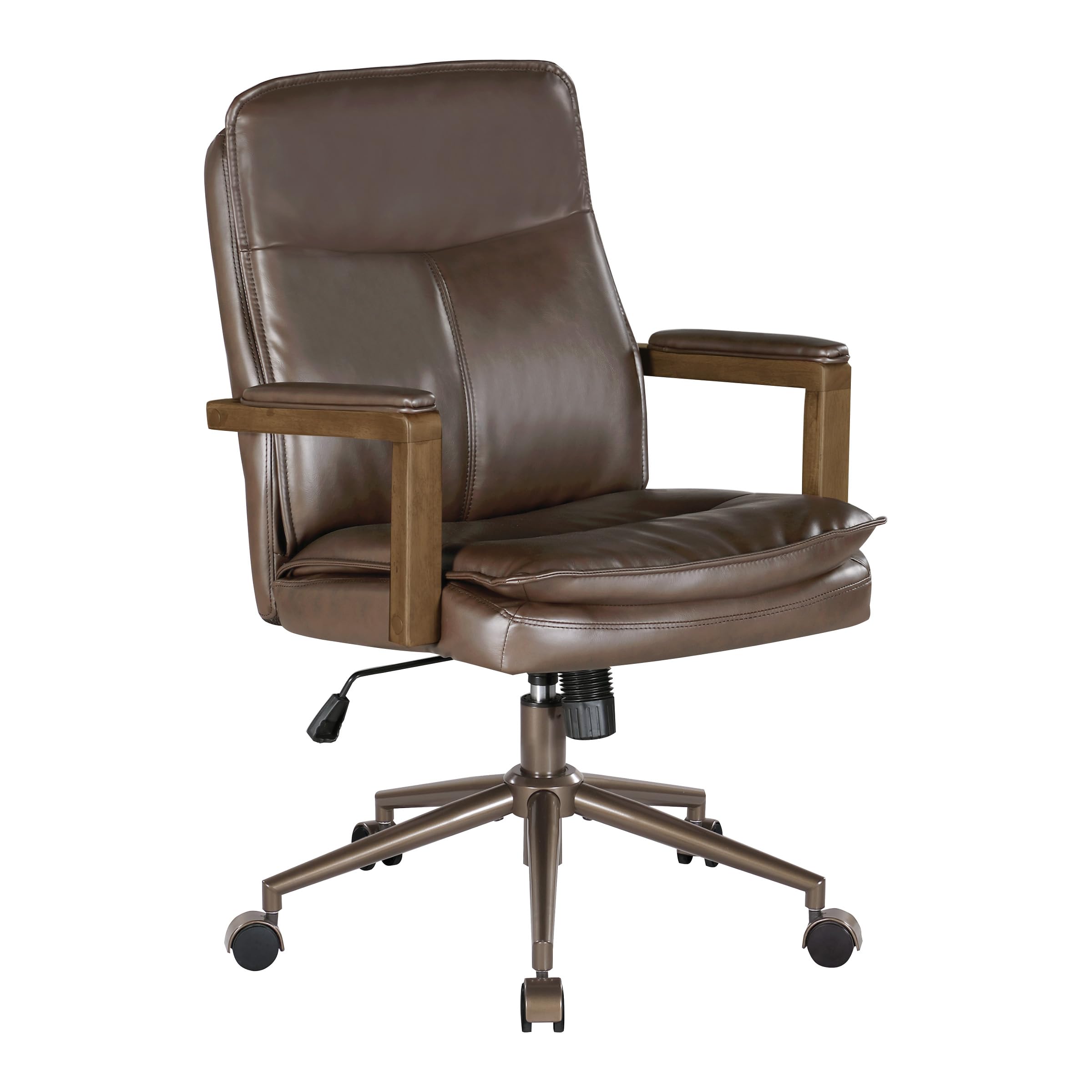 OSP Home Furnishings Woodlands Adjustable Height and Tilt, Swivel Home Office Chair with Padded Wood Arms, Chocolate Faux Leather