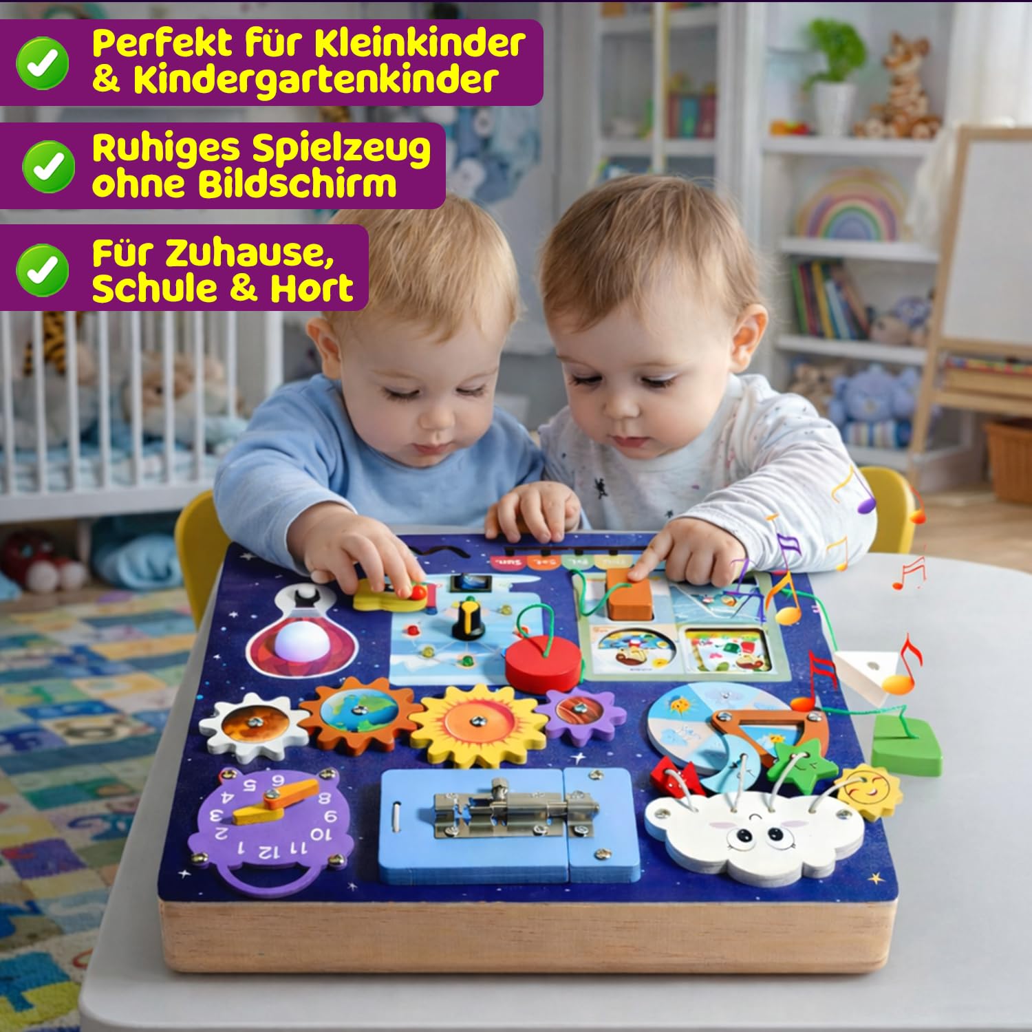 Busy Board für Kleinkinder | Montessori Spielzeug Weltraum Holz | Sensorik Motorikbrett mit LED Licht & Schaltern | Lernspielzeug zur Förderung der Feinmotorik | Jungen & Mädchen Geschenk, Blau
