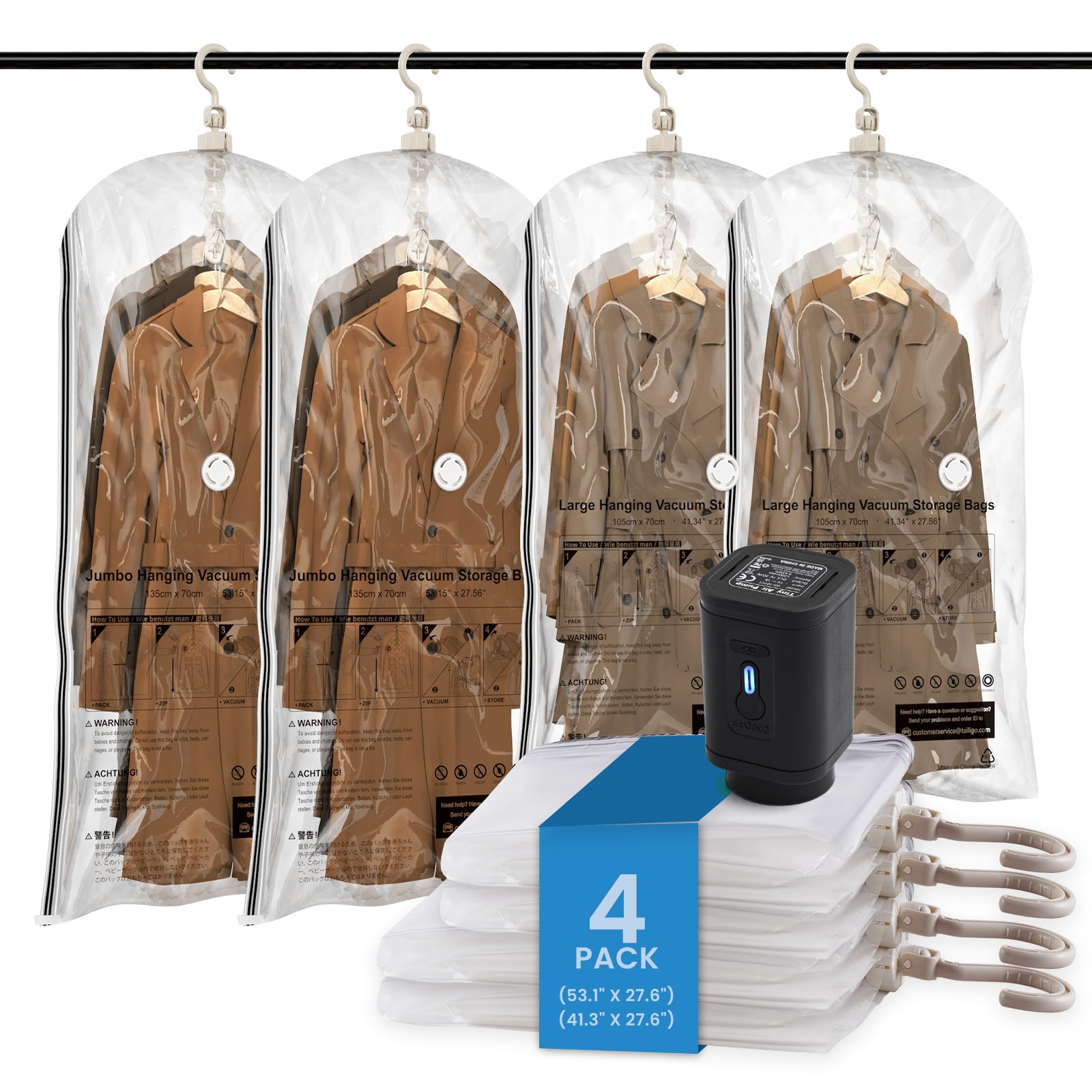 TAILI Hanging Vacuum Storage Bags for Clothes,4 Combo with Pump