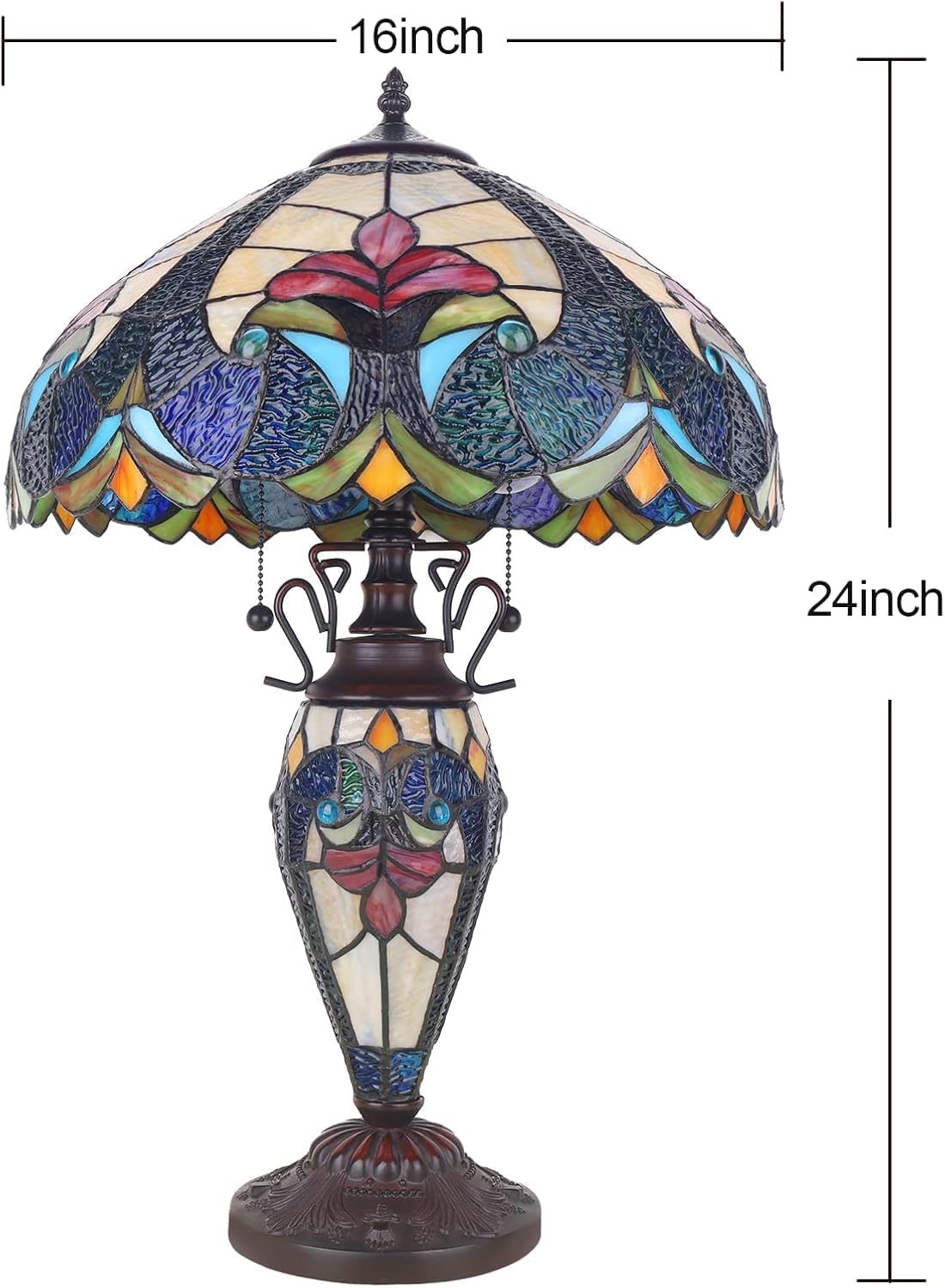 Tiffany Lamp, 24'' Tall Tiffany Table Lamp with Retro Pull Switch, 3 LED Bulbs Included, Vintage Living Room Bedroom Home Office Bedside Reading Lamp