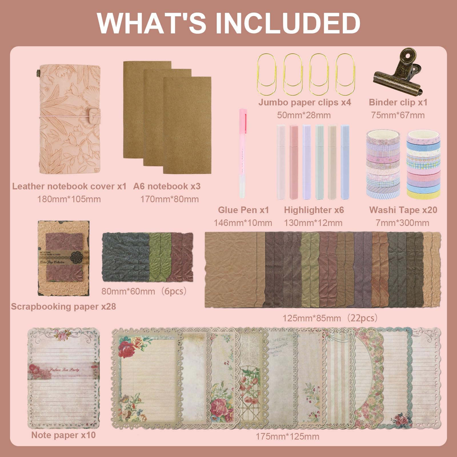 Vintage Scrapbook Kit, A6 Grid, Blank, Line Journal Notebook with Pink Leaf Embossing Leather Cover, Pens Washi Tapes Binder Clip Scrapbooking Supplies for Beginners