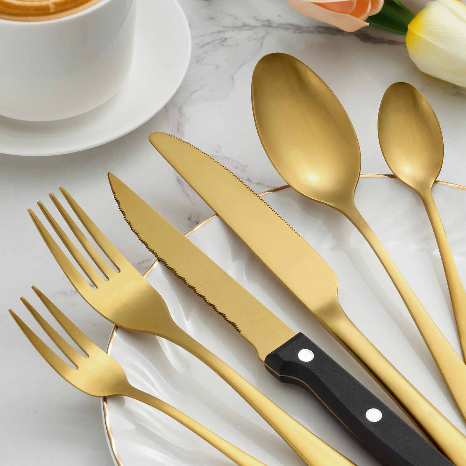 BEWOS Juego de Oro cubiertos para 6 personas, cuberteria acero inoxidable de 36 piezas con cuchillos para carne, Cuchillo Cuchara Tenedor Cubiertos Set Espejo Pulido, Apto para Lavavajillas