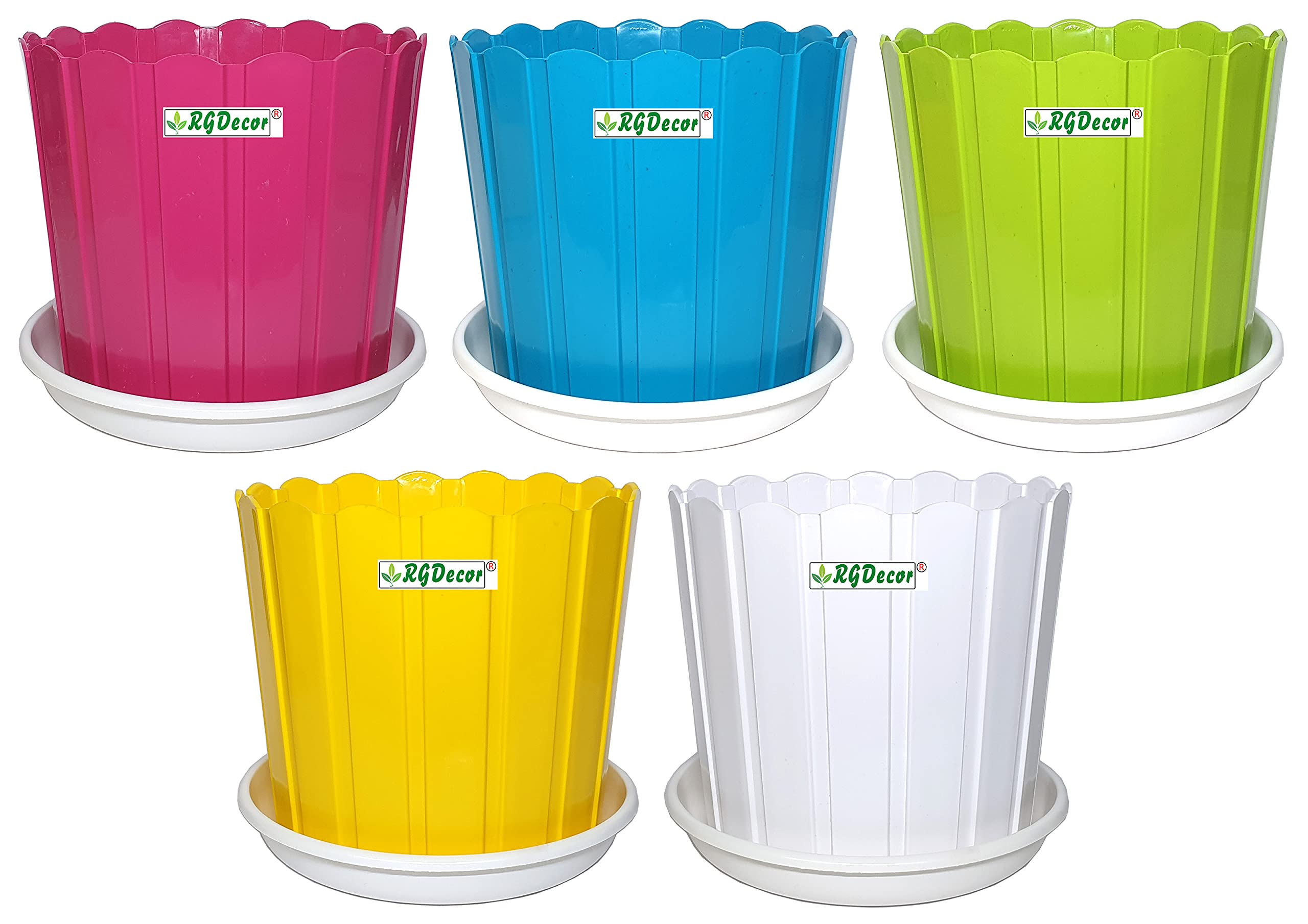 RGDECOR Fence Flower Pots with Bottom Plate - 8 Inches - Set of 5 - Multicolour - Gamla for Home Garden - Plant Pot Tray - Plant Containers Set - Planters for Balcony Garden - Gardening Pots