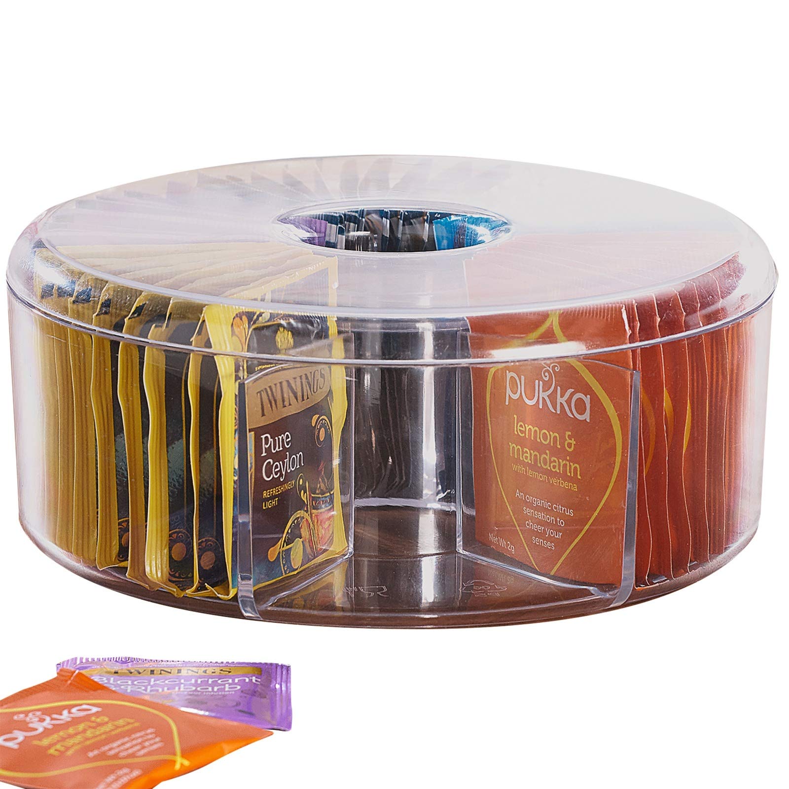 Burwells Clear Teabag Caddy Holder Container Tea Bag Plastic Storage Box 6 Sections Organiser Round Circular