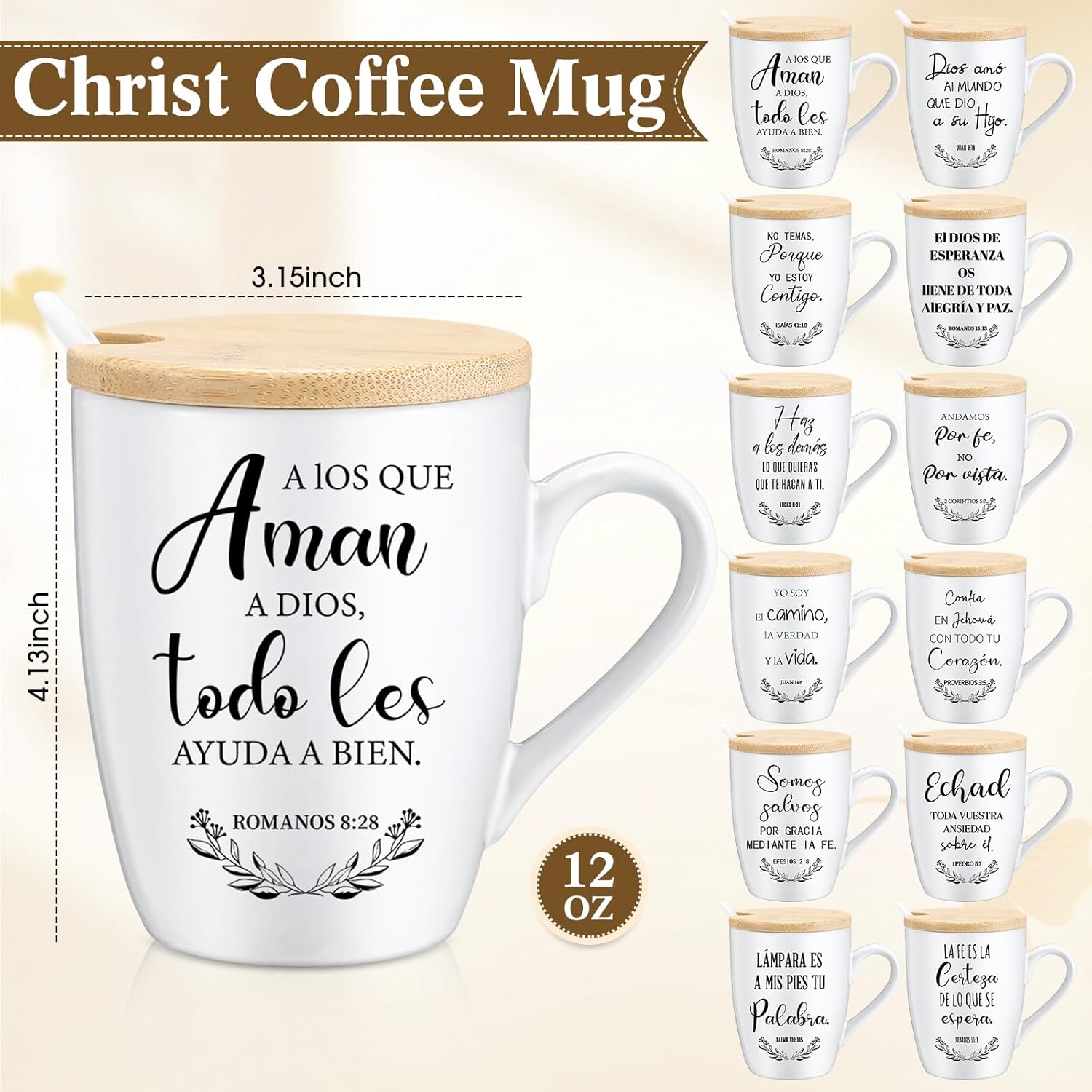 Patelai 12 Set Christian Mugs Bulk 12oz Inspirational Bible Verse Ceramic Coffee Mug with Lid Handle Spoon Religious Gifts for Sunday School Church Men Women Coworker(Spanish)