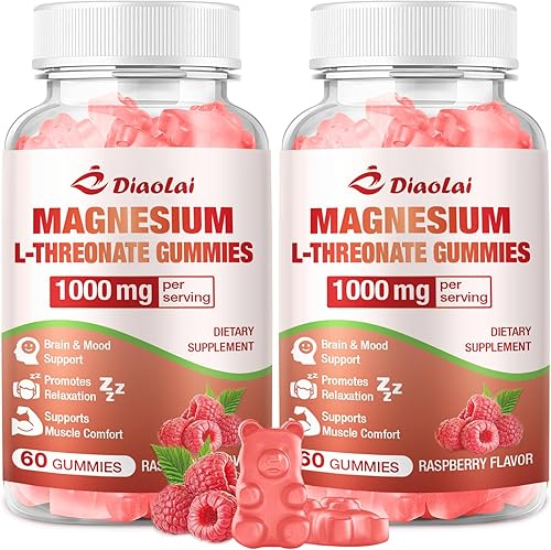 Paquete de 2 gomitas de treonato de magnesio de 1000 mg, suplemento de L-treonato de magnesio