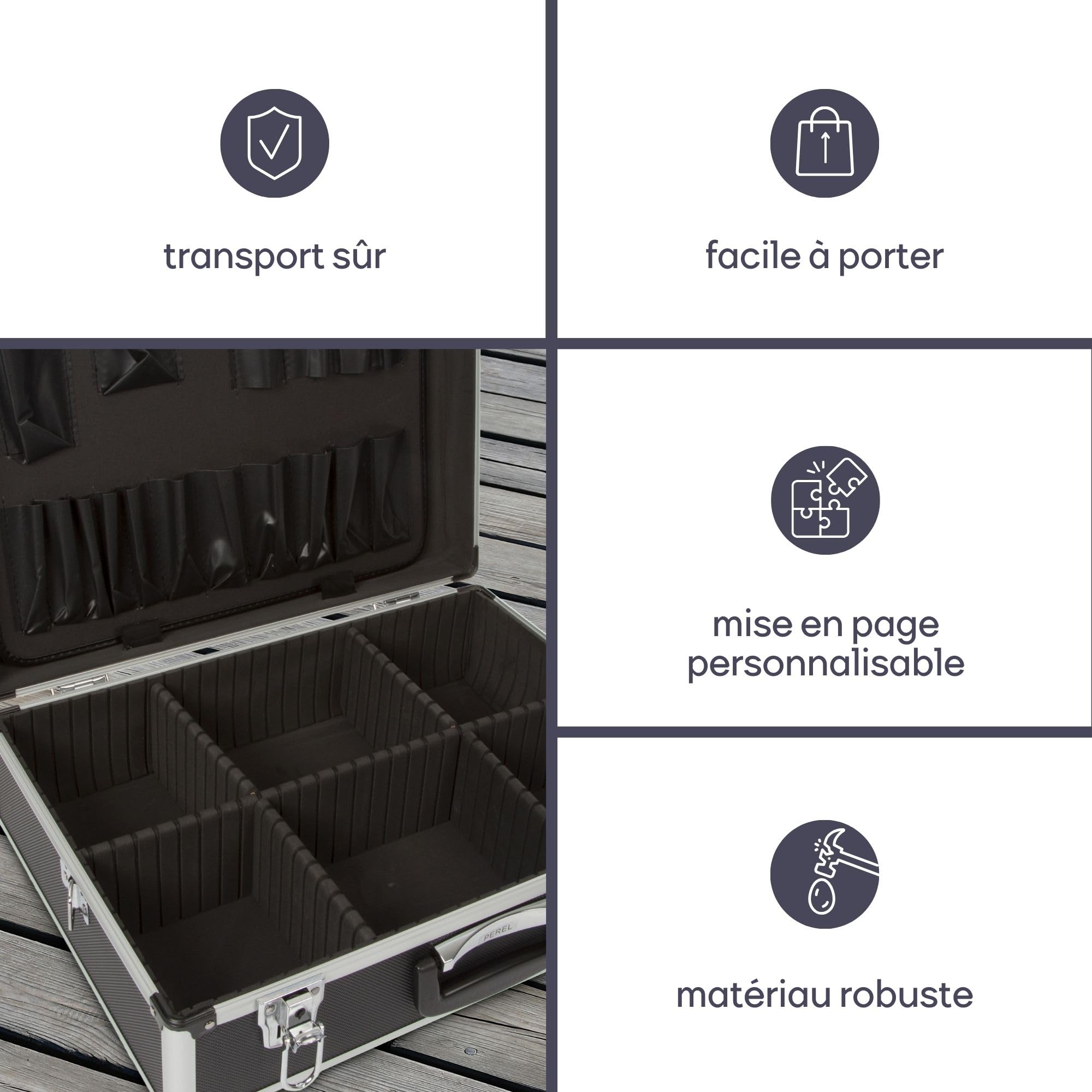 Perel Mallette à outils, panneau porte-outils, séparateurs amovibles, verrouillage par clé, 2 clés, aluminium, gris, 455 x 330 x 152 mm