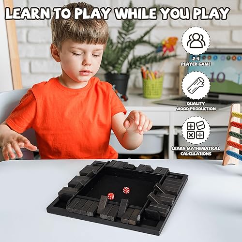 Miniatura 7 de Agirlgle Juego de dados Shut The Box de 12 pulgadas, 1-4 jugadores, juego de mesa familiar de madera con 12 dados, juego de dados de estrategia para