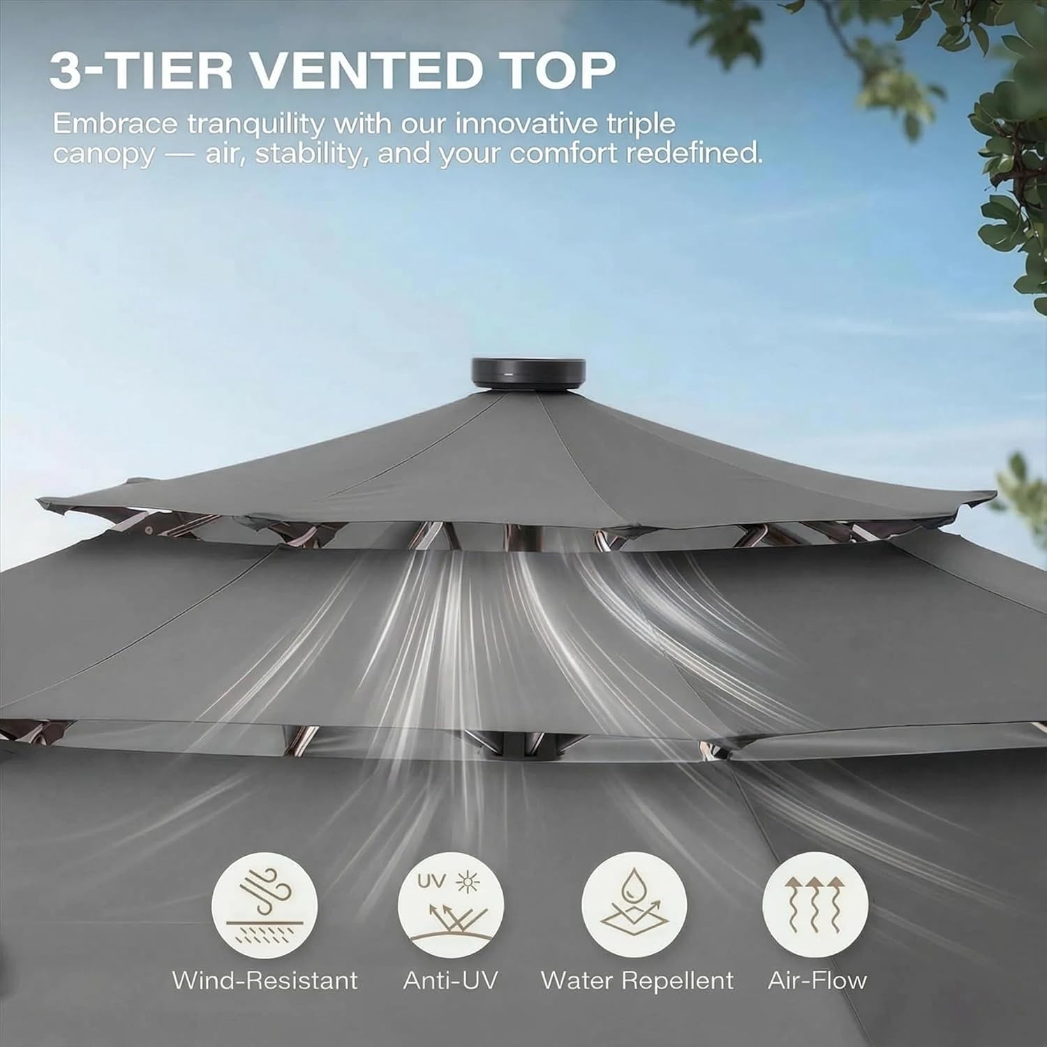 GLANC 10ft Patio Umbrella with Solar Lights, 3 Tier Lighted Table Umbrella Outdoor Patio with Easy Crank & Tilt, 8 Sturdy Ribs, UV Protection, 32 LED Lights for Deck, Poolside, Market