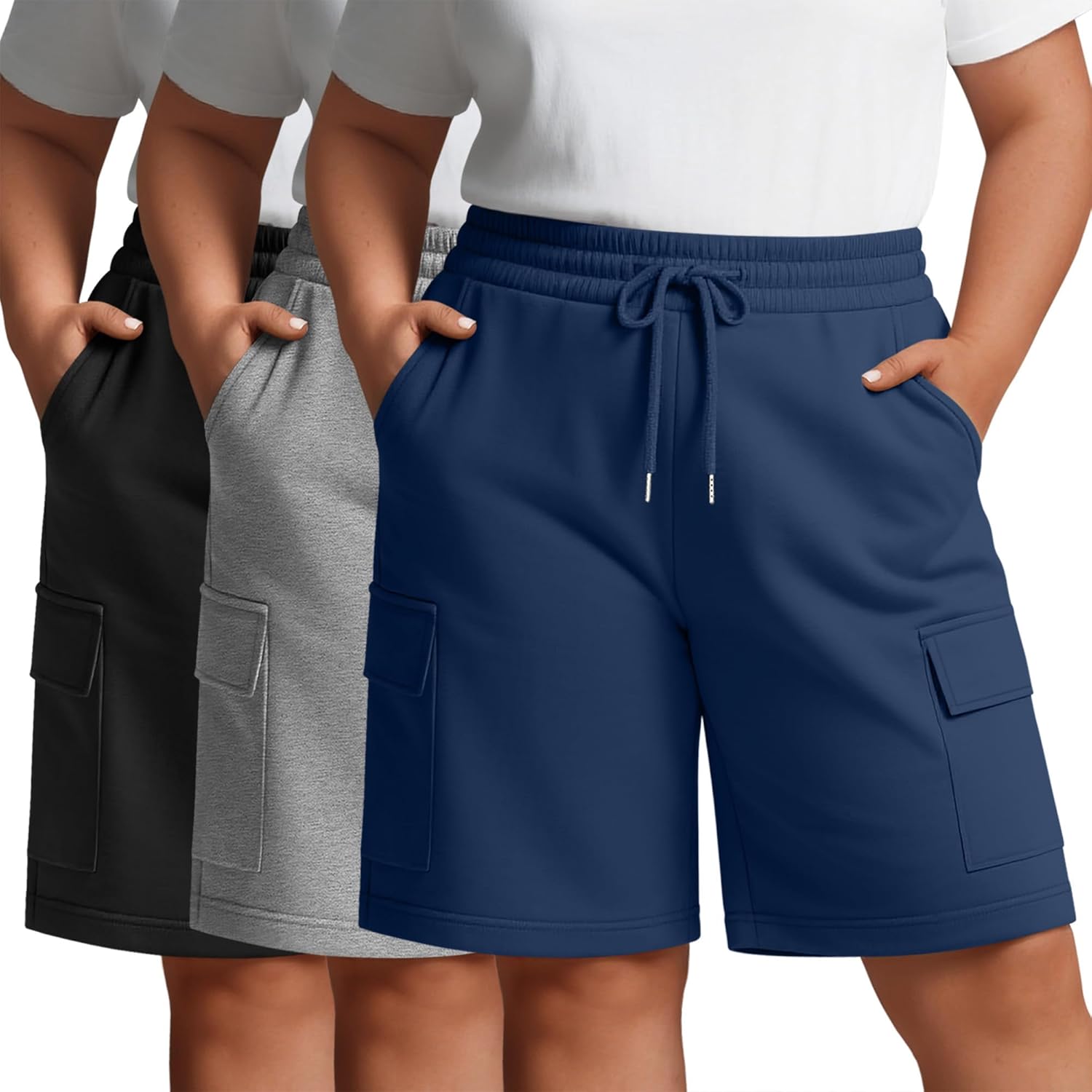 Neer 3 Pack Women's Plus Size Cargo Shorts Elastic Drawstring Bermuda Short Casual Loose Athletic Yoga Shorts with 4 Pockets