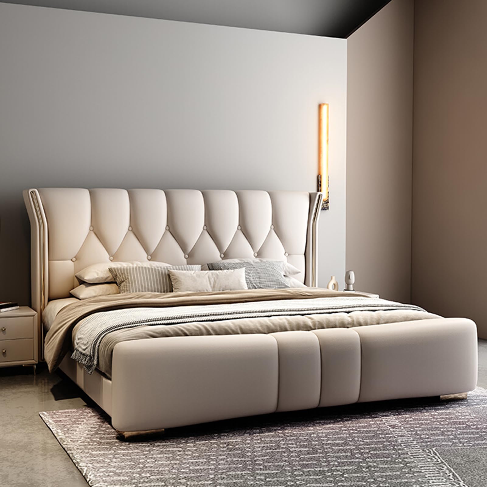 King Size Genuine Leather Wood Bed Upholstered Platform Bed Frame with Wingback Headboard and Lift Up Storage Wooden