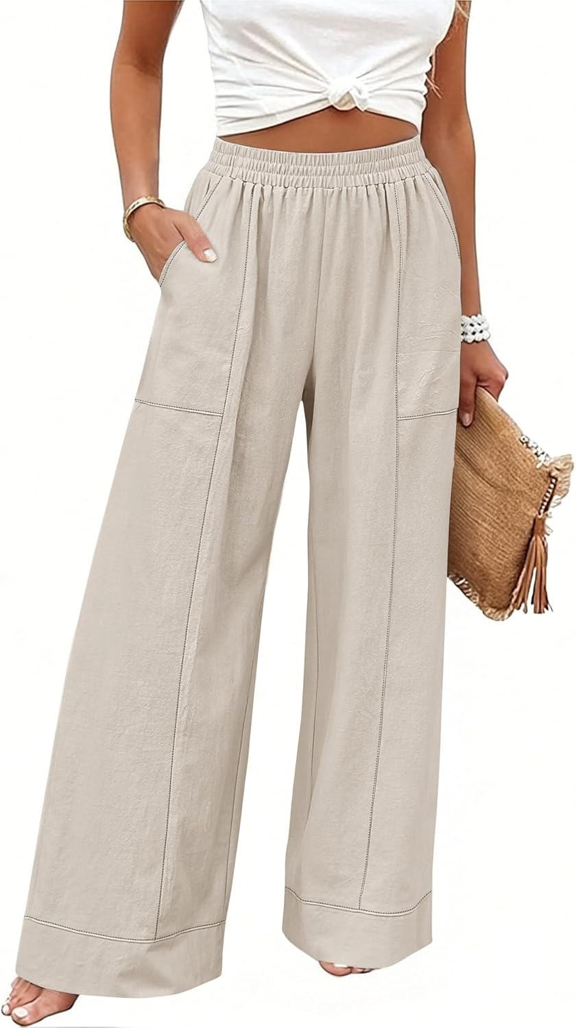 Rapbin Womens Elastic Waist Palazzo Pants Casual Wide Leg Pant Baggy Lounge Trousers with Pockets