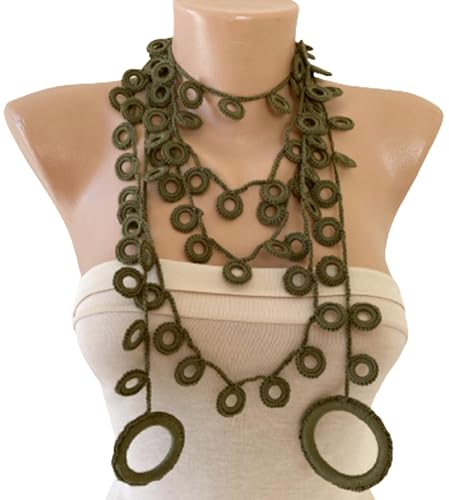 Green Crochet Long Lariat Necklace