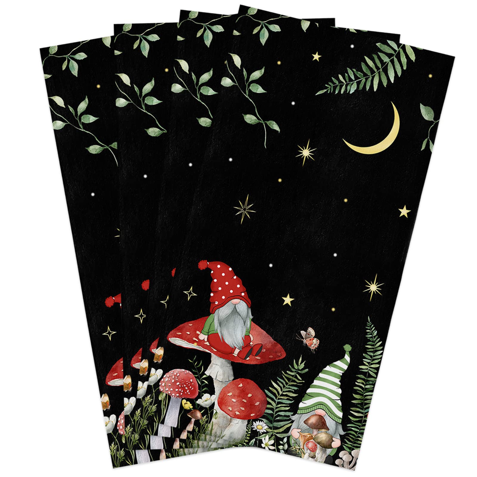 Summer Gnome Mushroom 4 Pack Dish Towel for Kitchen,Absorbent Dishes Cloth Boho Plant and Night Moon Stars Soft Hand Towels for Home Cleaning Quick Drying Bathroom Cloths Terry Black