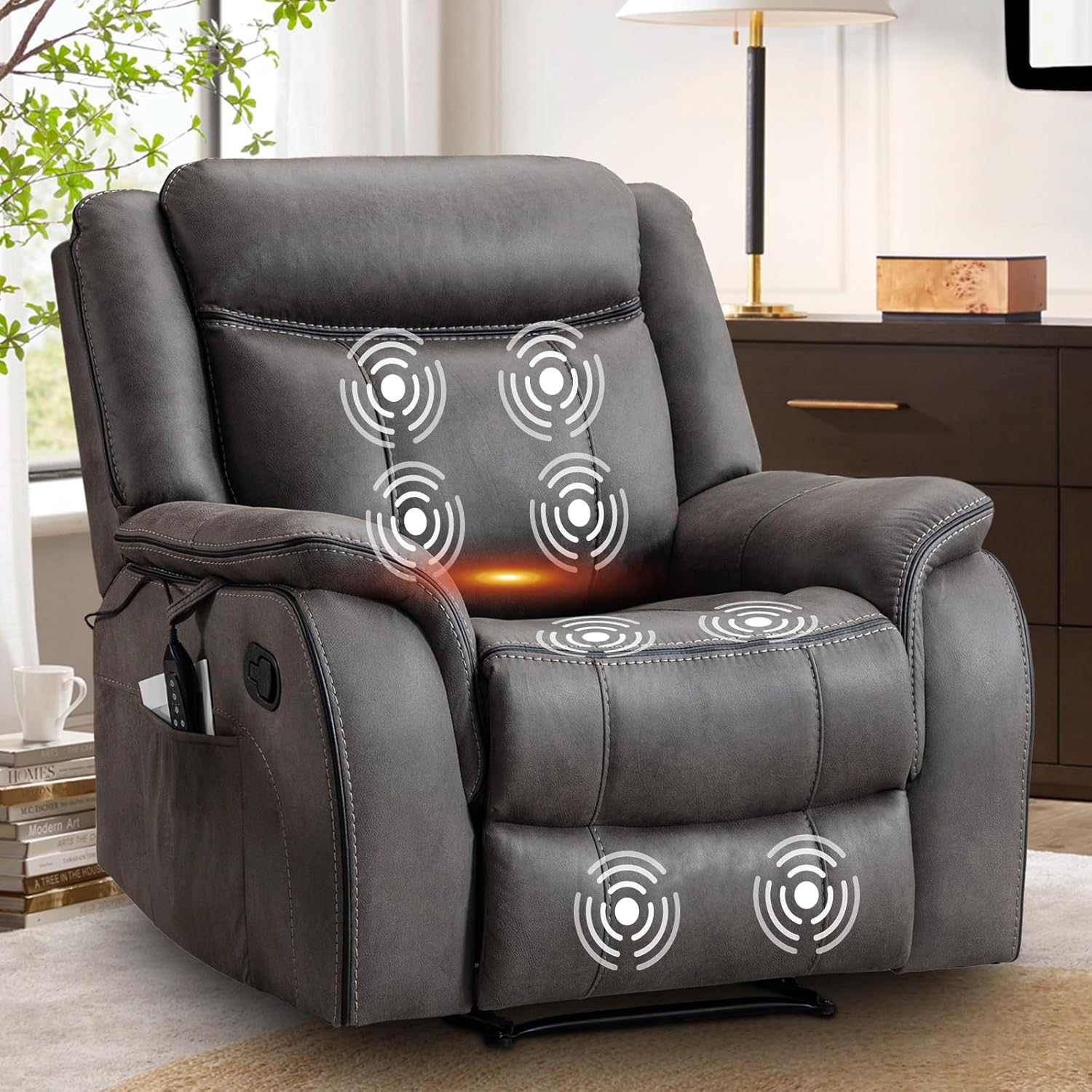 Massage Recliner Chair with Heat, Faux Leather Recliner Chairs for Adults, 39" Wide Manual Reclining Ergonomic Lounge Chair, Overstuffed Wall Hugger Recliners for Living Room, Grey