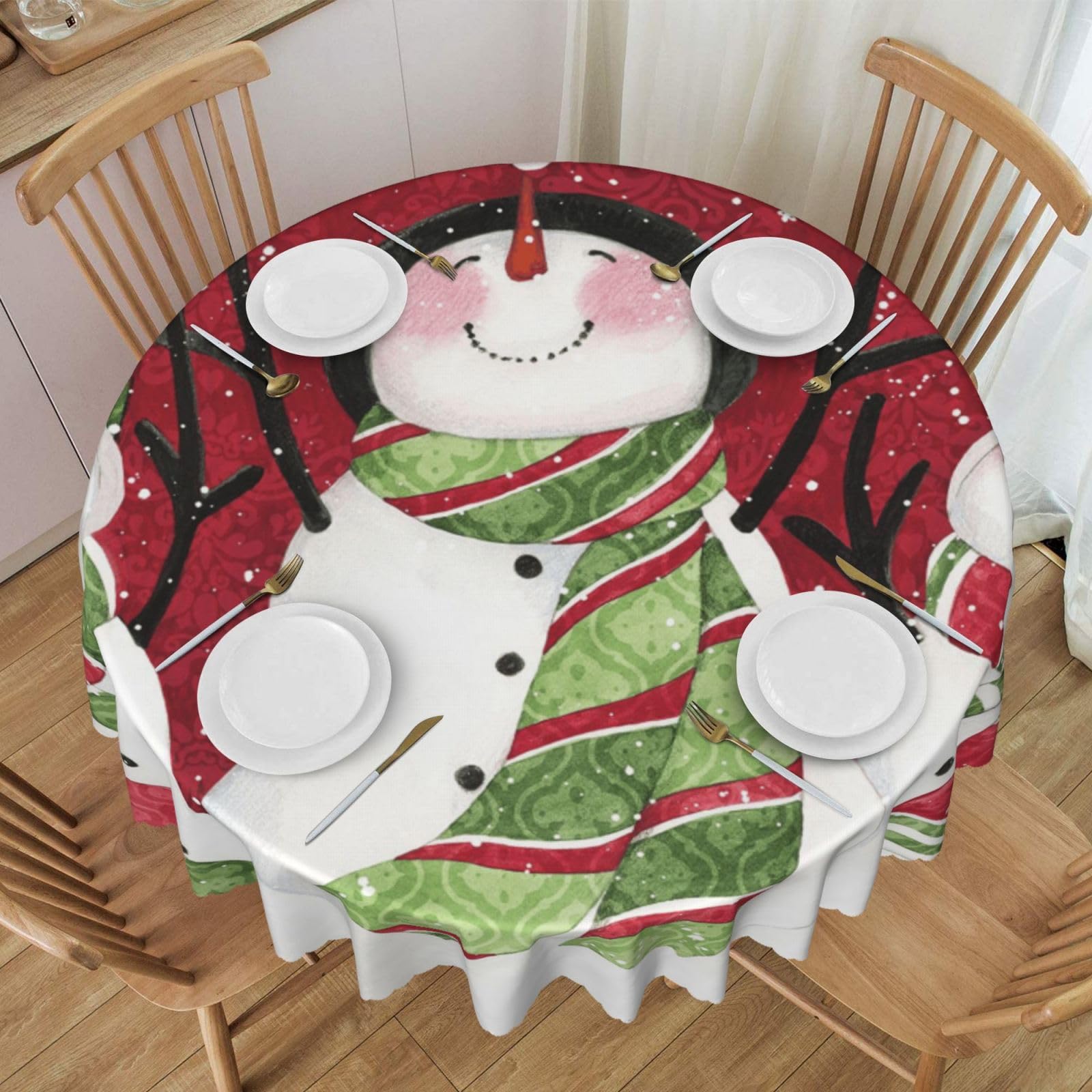 DCEHGEW 60 In Round Tablecloth with Lace, Merry Christmas Cute Snowman Printed Oilproof & Washable Fabric Picnic Table Cloth Table Covers