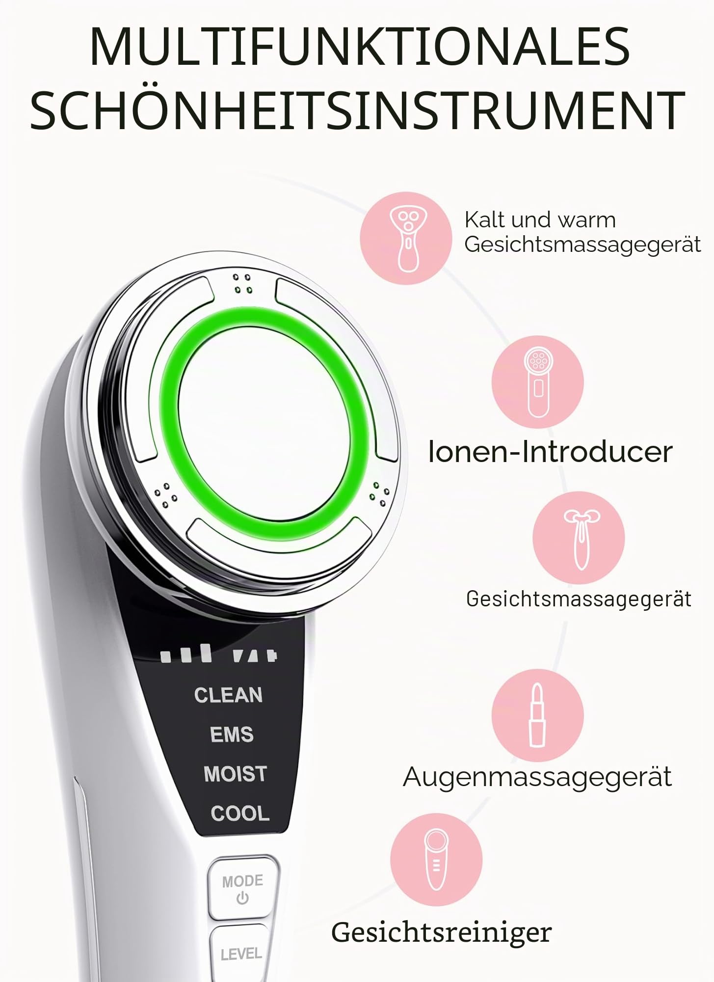 ANLAN 5in1 Gesichtsmassagegerät LED Lichttherapie Heat Cool Vibration EMS Anti Falten Anti Aging Gesichtsreinigung