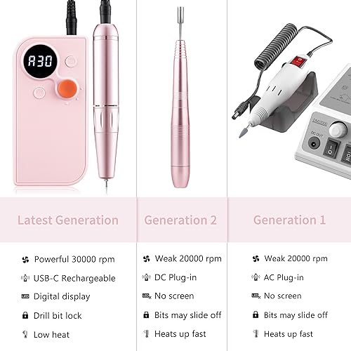 Miniatura 6 de Delanie Taladro de uñas recargable de 30000 RPM, lima de uñas eléctrica portátil para uñas acrílicas, uñas de gel y cutícula, manicura y pedicura,