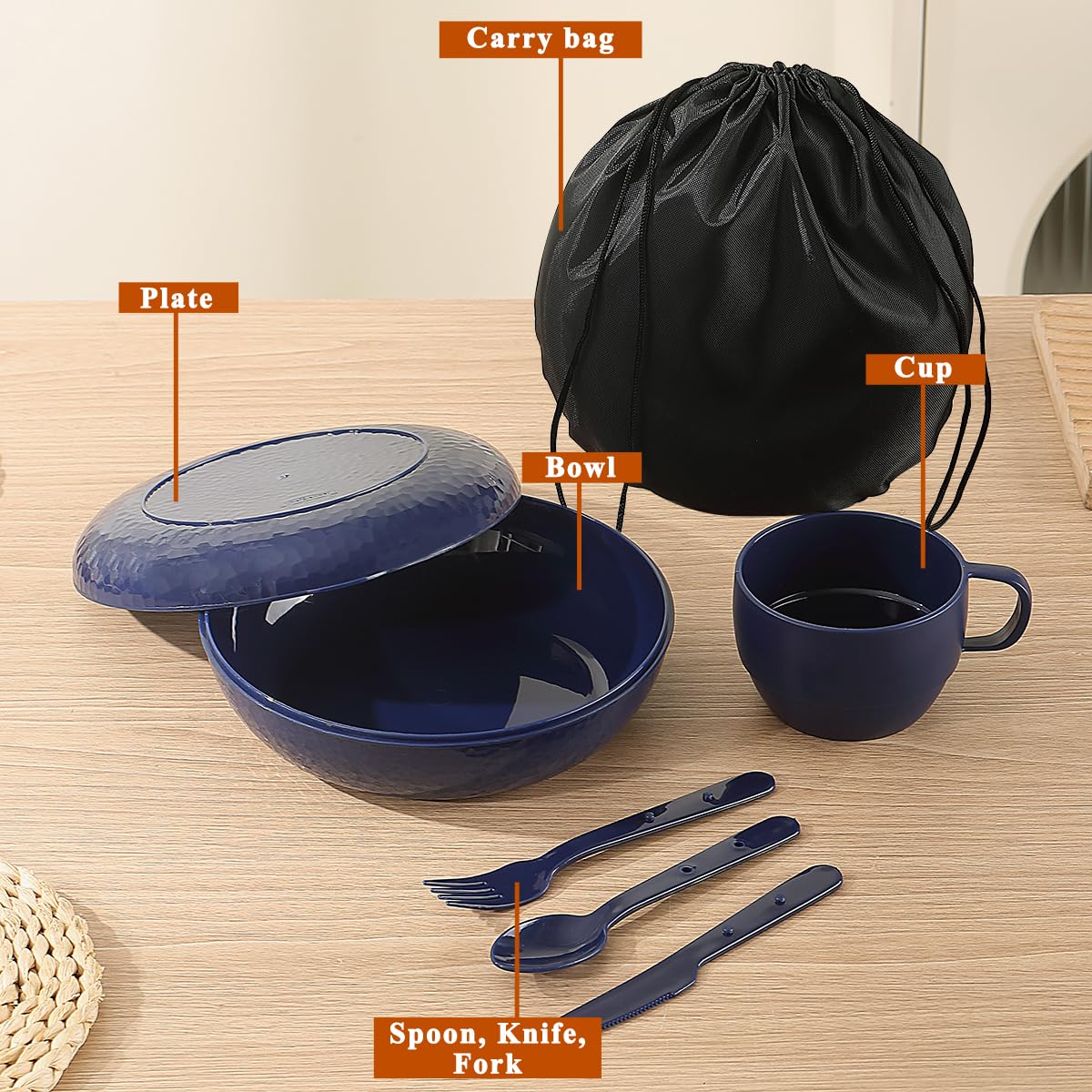 Evanda Kit Vajilla Camping, Plato, Taza, Cuchara, Tenedor, Cuchillo y Bolsa de Transporte, Reutilizable Accesorios para Acampar Equipo Esencial Ligero y fácil de Transportar o Poner en la Mochila