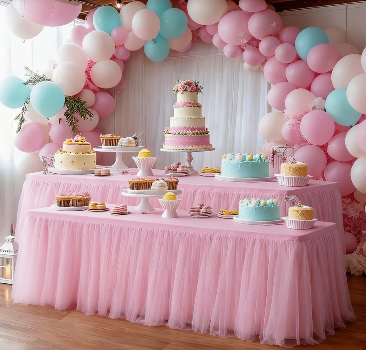 Photo 1 of Yoquare 2-Pack Pink Tulle Tablecloth for 5-Foot Rectangular Table