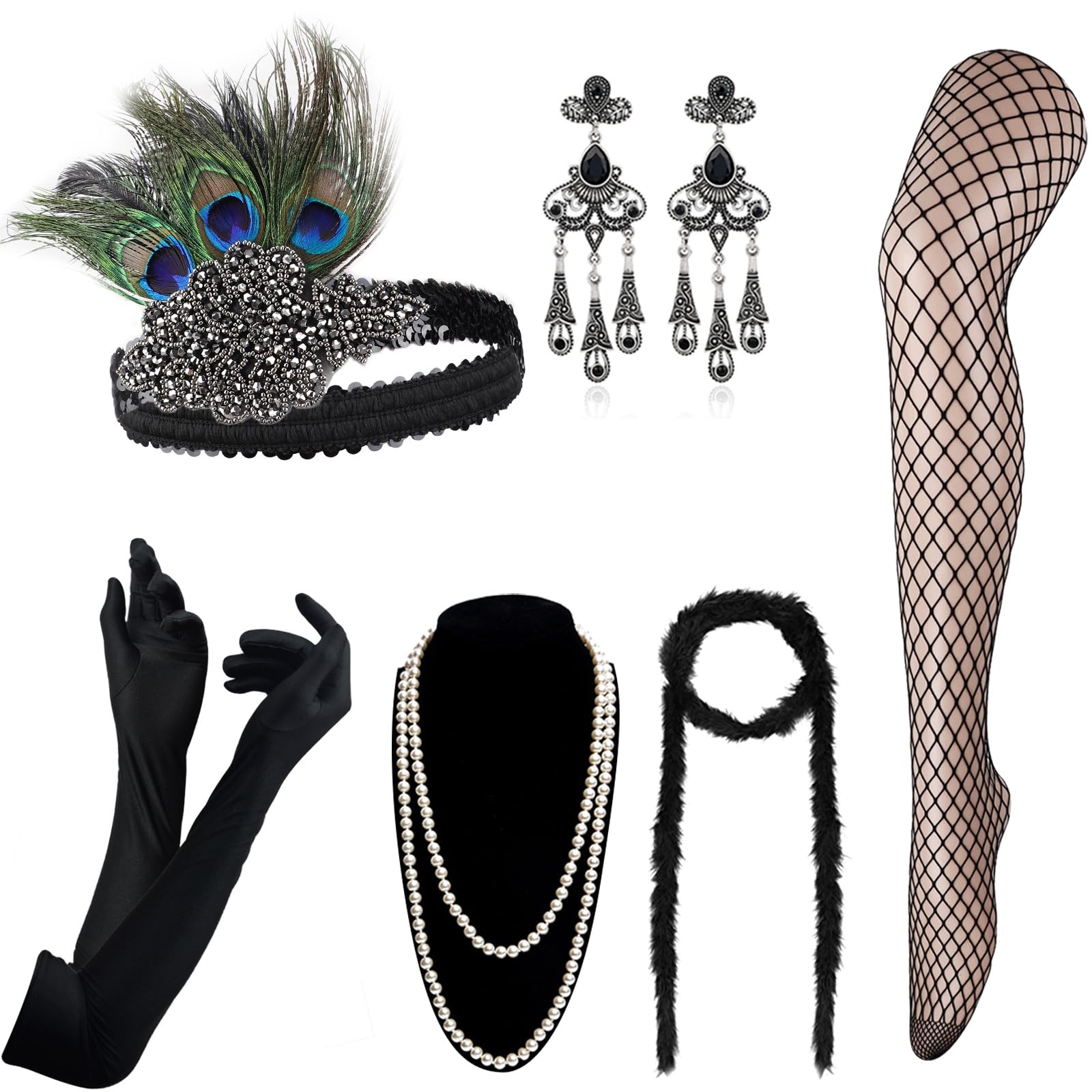 DRESHOW 1920s Accessories Headband Necklace Gloves Flapper Costume Accessories Set for Women