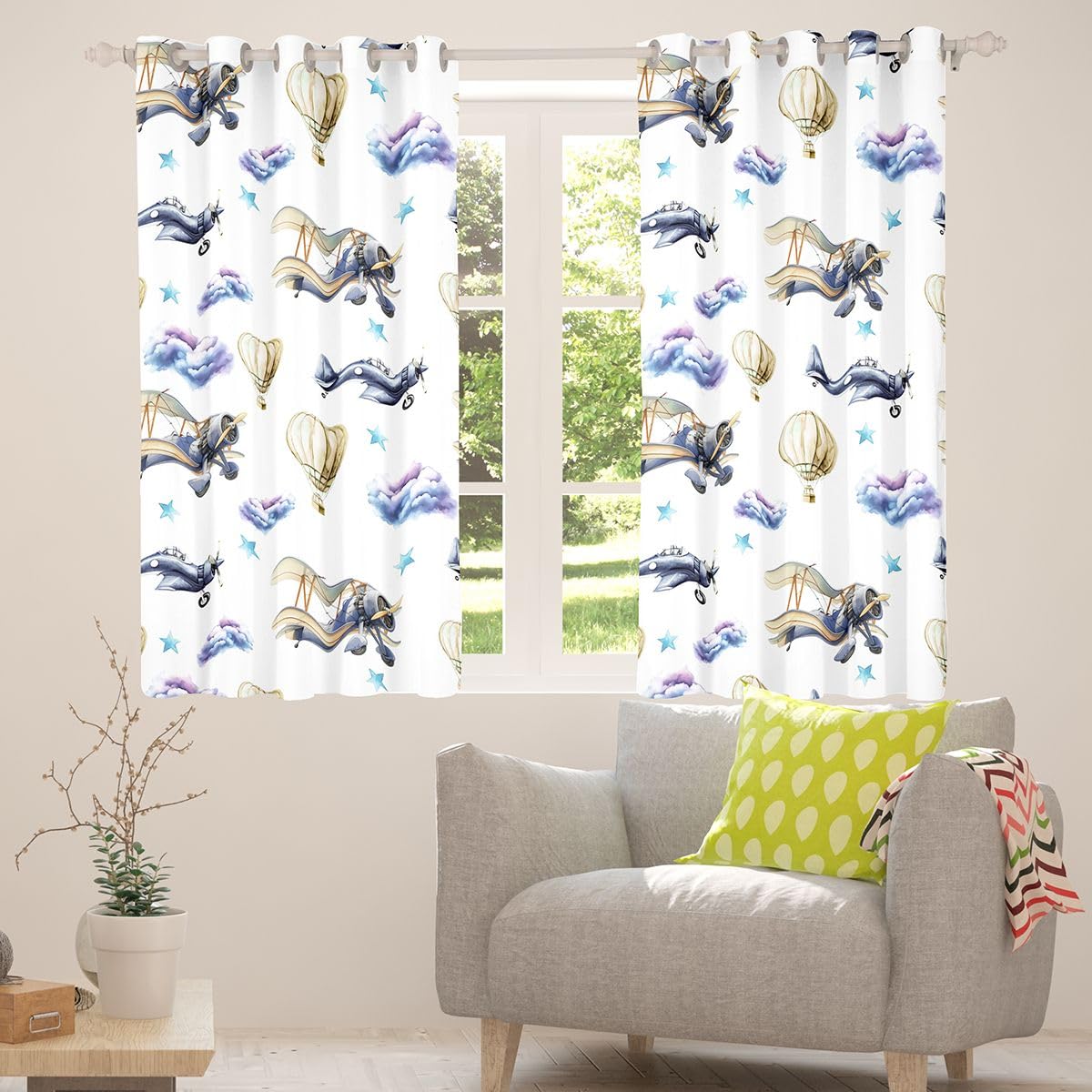 Homewish Tende per finestre a forma di aeroplano, 168 x 228 cm, set di 2 pannelli, tende oscuranti con mongolfiera, nuvole, stelle, combattimento, aeromobili, tende ad acquerello disegnate a mano per