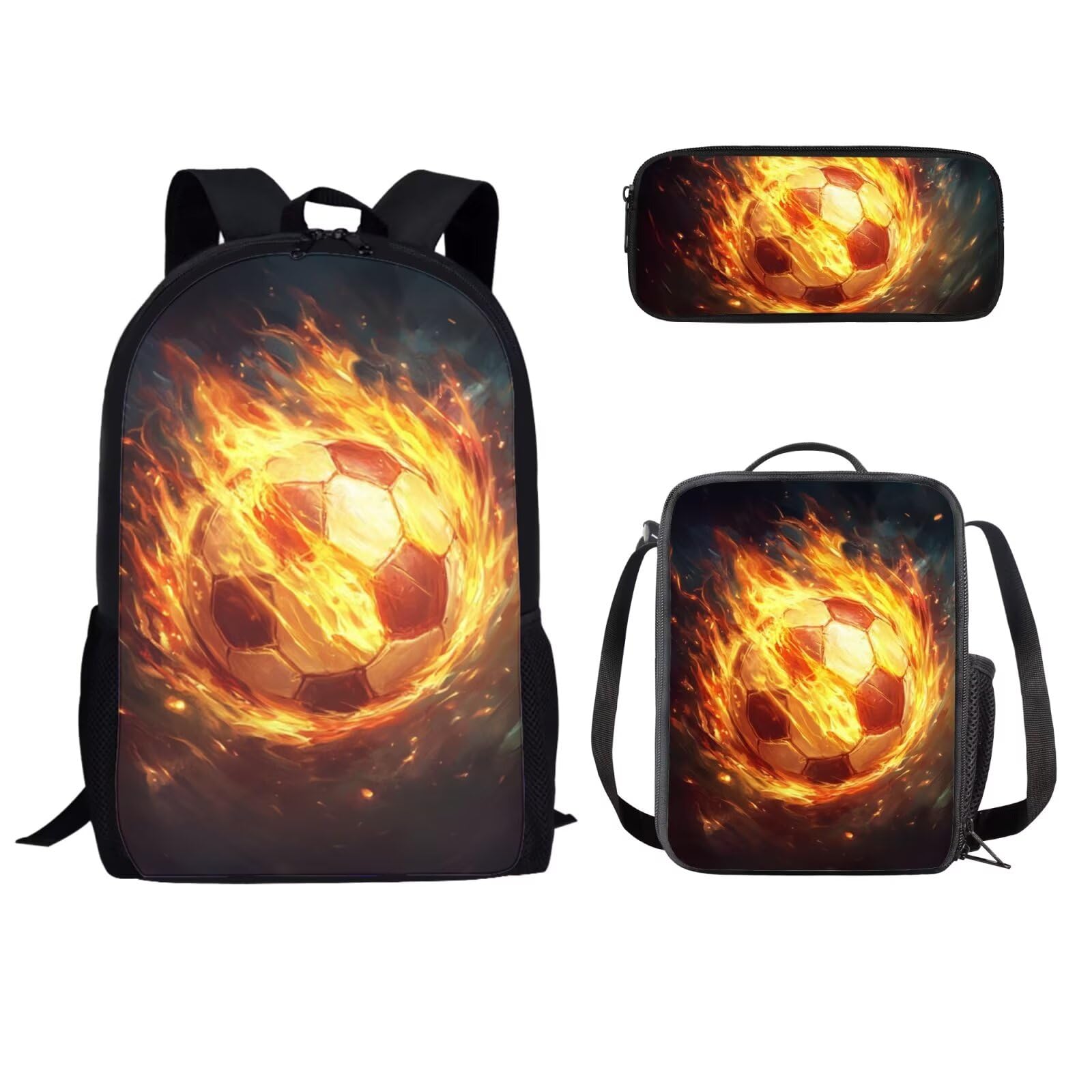 FANCOSAN Fire Soccer Kids Bookbag and Lunch Box Set Boys 10-12 Adjustable Strap 17 In School Backpack Large Capacity 3 in 1 School Bag for Primary Middle School Teens Daypack Rucksack