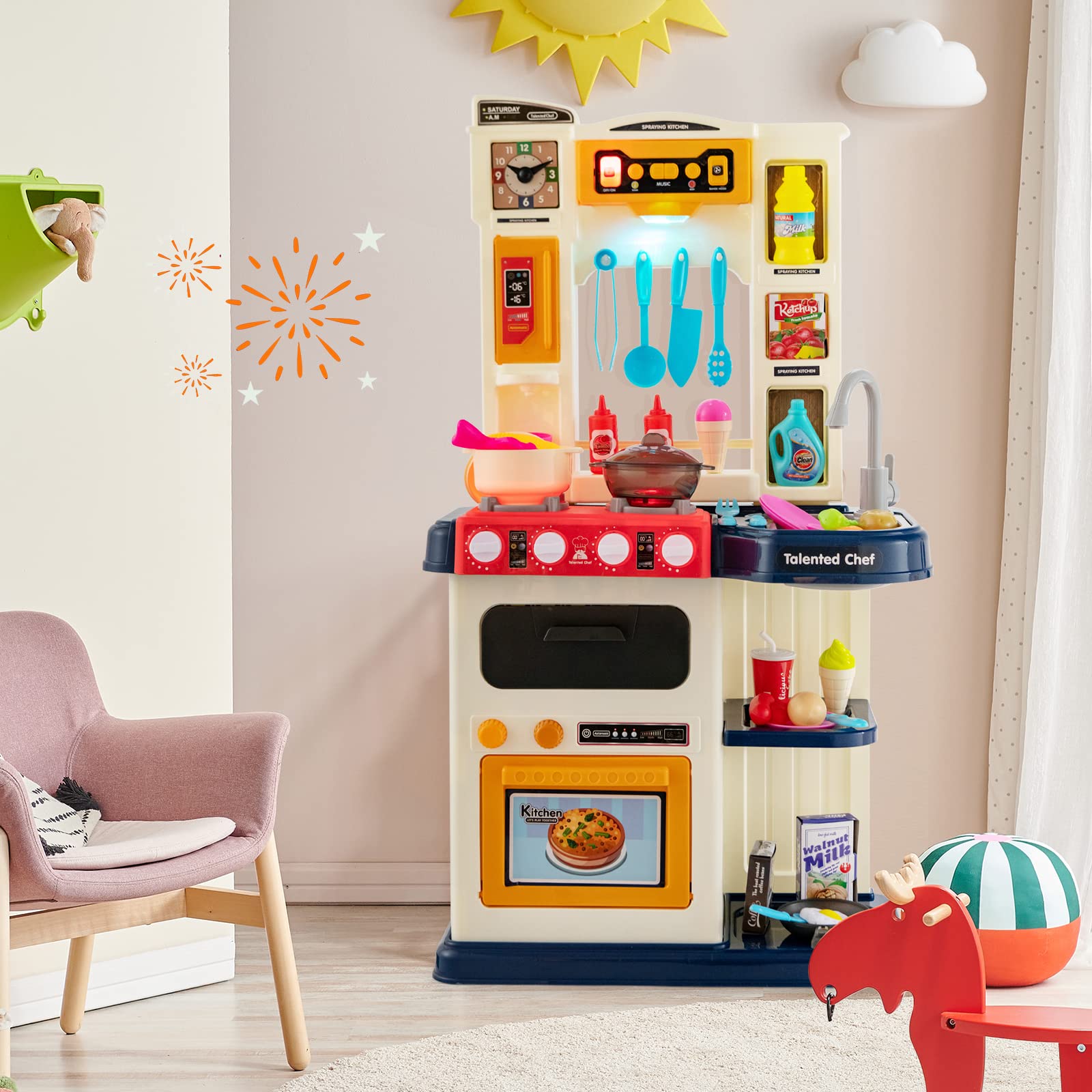 HOMASIS 65 Piece Cuisine Jouet, Ustensiles de Cuisine Accessoires avec Lumière et Son, Simulateur de Cuisine, Evier à Eau Automatique, Set de casseroles et poêles, pour Les Enfants de 3+ Ans (Bleu)