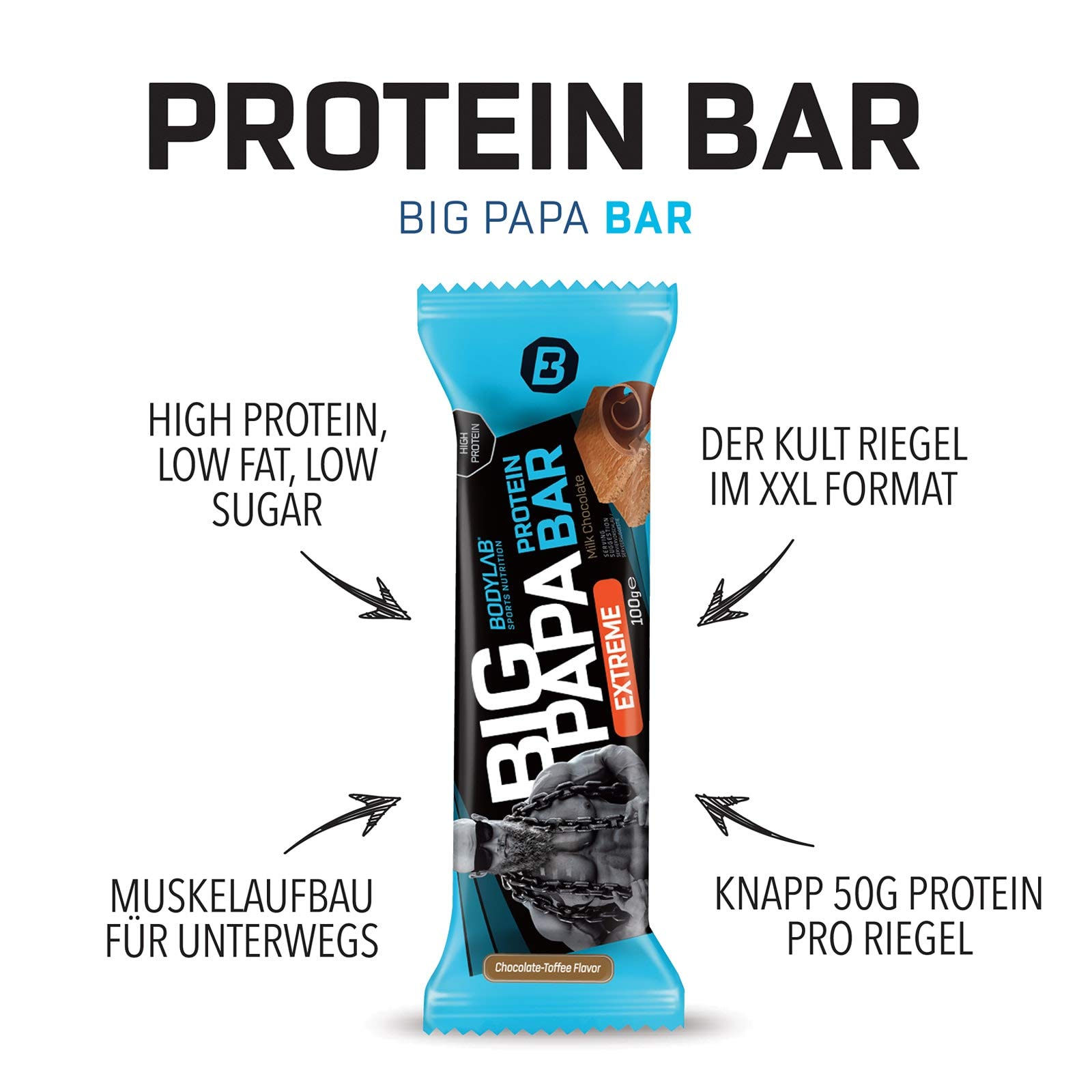 Bodylab24 Big Papa Protein Bar 12 x 100g, Protein-Riegel mit 49g Protein, Eiweißriegel mit wenig Zucker, idealer Fitness-Snack für hart trainierende Sportler mit hohem Proteinbedarf, Vanille