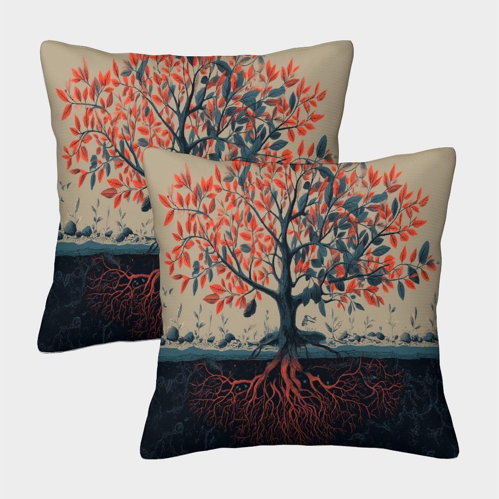 kaiyun 2 Pack Tree Illustration, Tree Roots Under The Soil Luxury Digital Printed Soft 3D Themed Square Cushion Cover 50x50cm