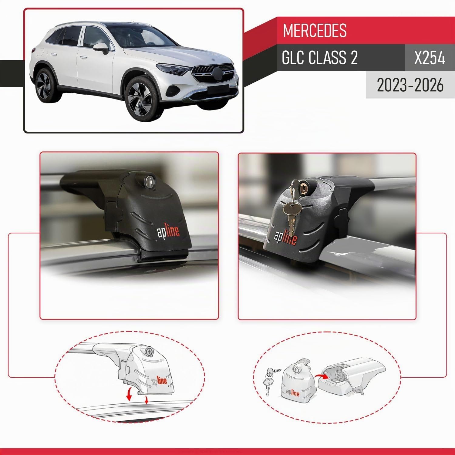 Compatible con Mercedes GLC Class 2 (X254) 2023-2026 Modelo Ace-2 Barra de Techo Auto Portaequipajes Barras Transversales Gris Aluminio 2 Barras