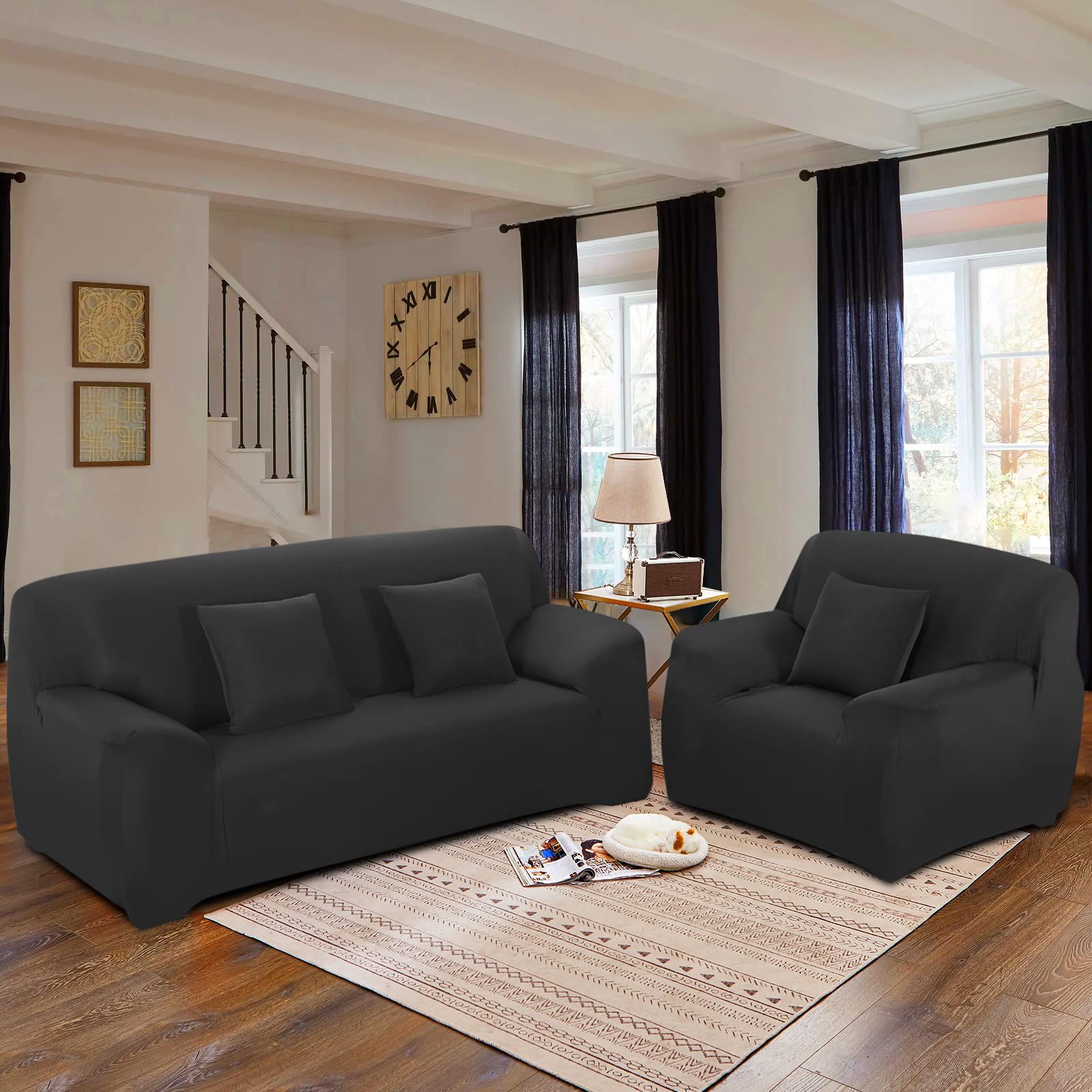 FIGOOO Copridivano 3 Posti Elasticizzato Copridivano con Braccioli a Tinta Unita Copridivano Fantasia Lavabile Spandex Fodera per Divano Universale Antiscivolo Copertura per Divano,Grigio Scuro