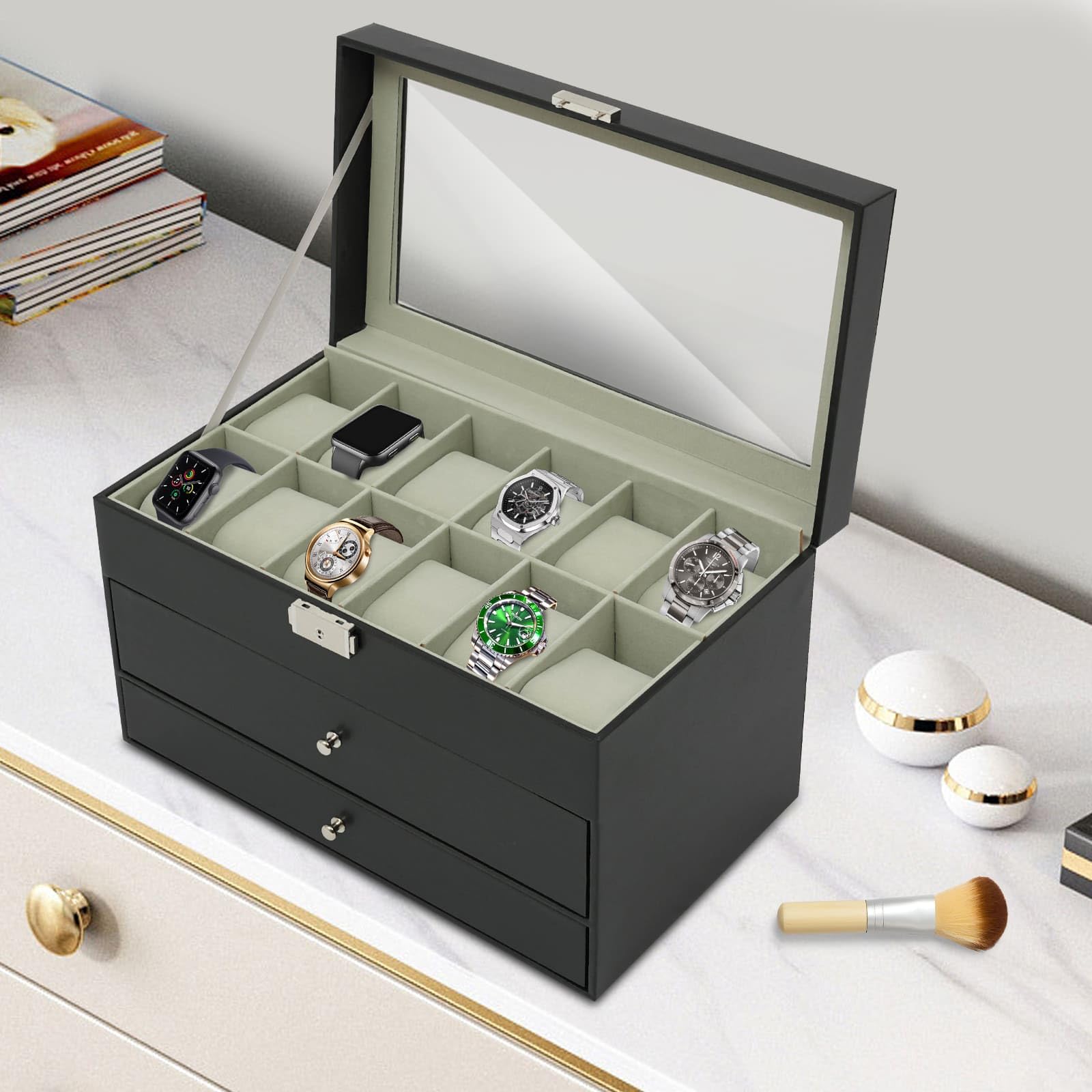 Caja para relojes y joyas, 3 niveles, con cajones, tapa transparente, 33,5 x 19,4 x 20,5 cm, color negro