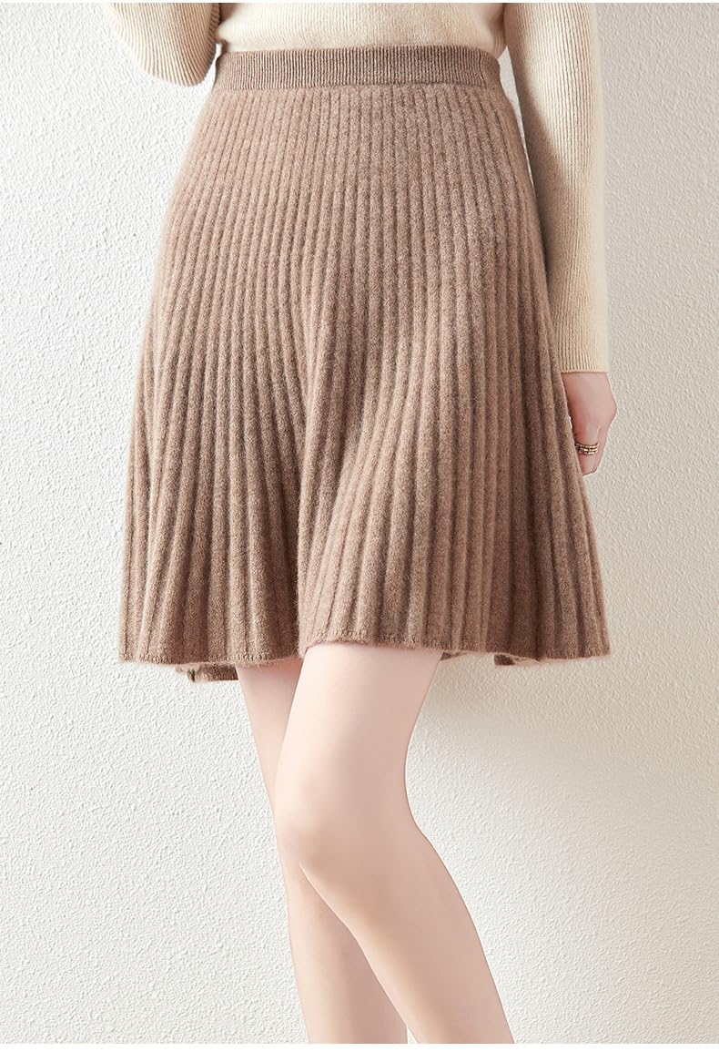 Minigonne in Maglia di Lana per Donna, Gonna Plissettata A Trapezio in Maglia A Coste con Elastico in Vita Color Cammello Autunno Inverno Sexy Ed Elegante Gonna Skater Preppy